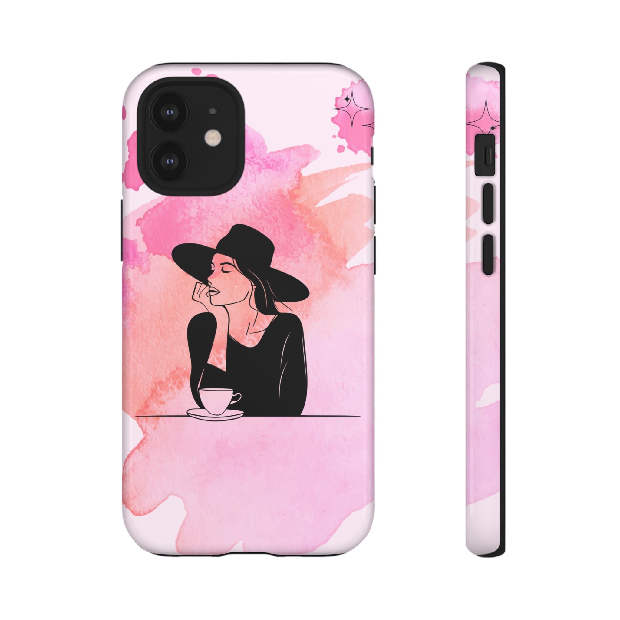 Coque de téléphone — Illustration de femme en aquarelle rose, housse de protection pour amateur de café