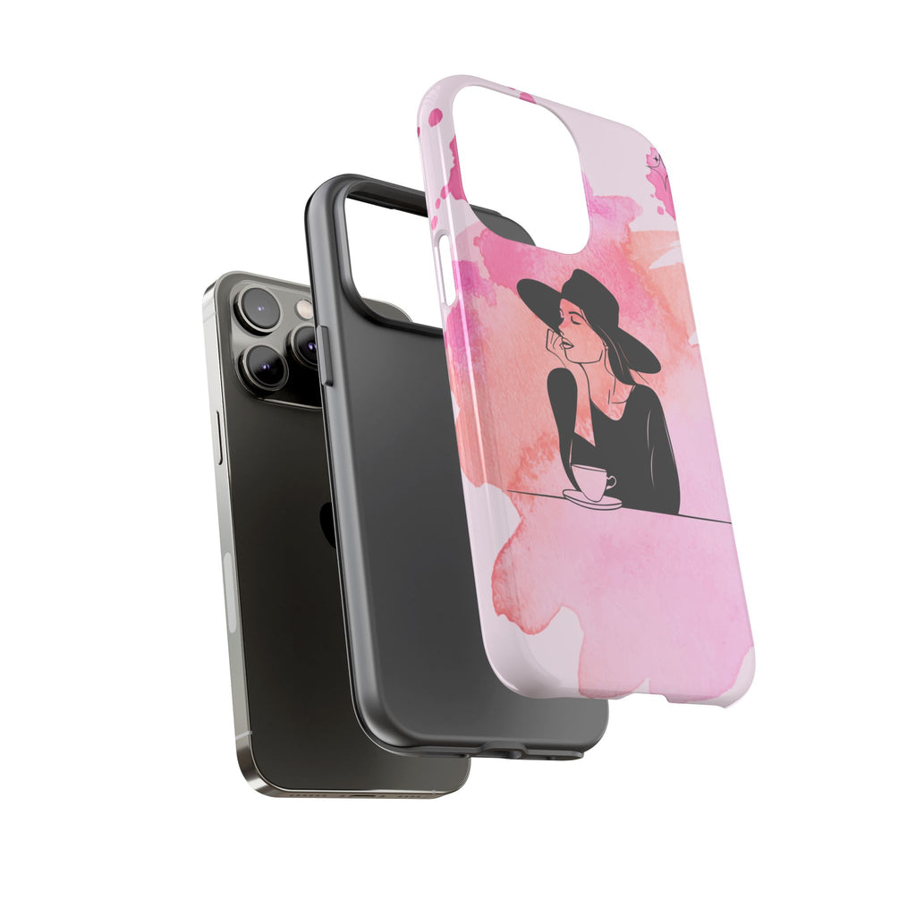 Coque de téléphone — Illustration de femme en aquarelle rose, housse de protection pour amateur de café