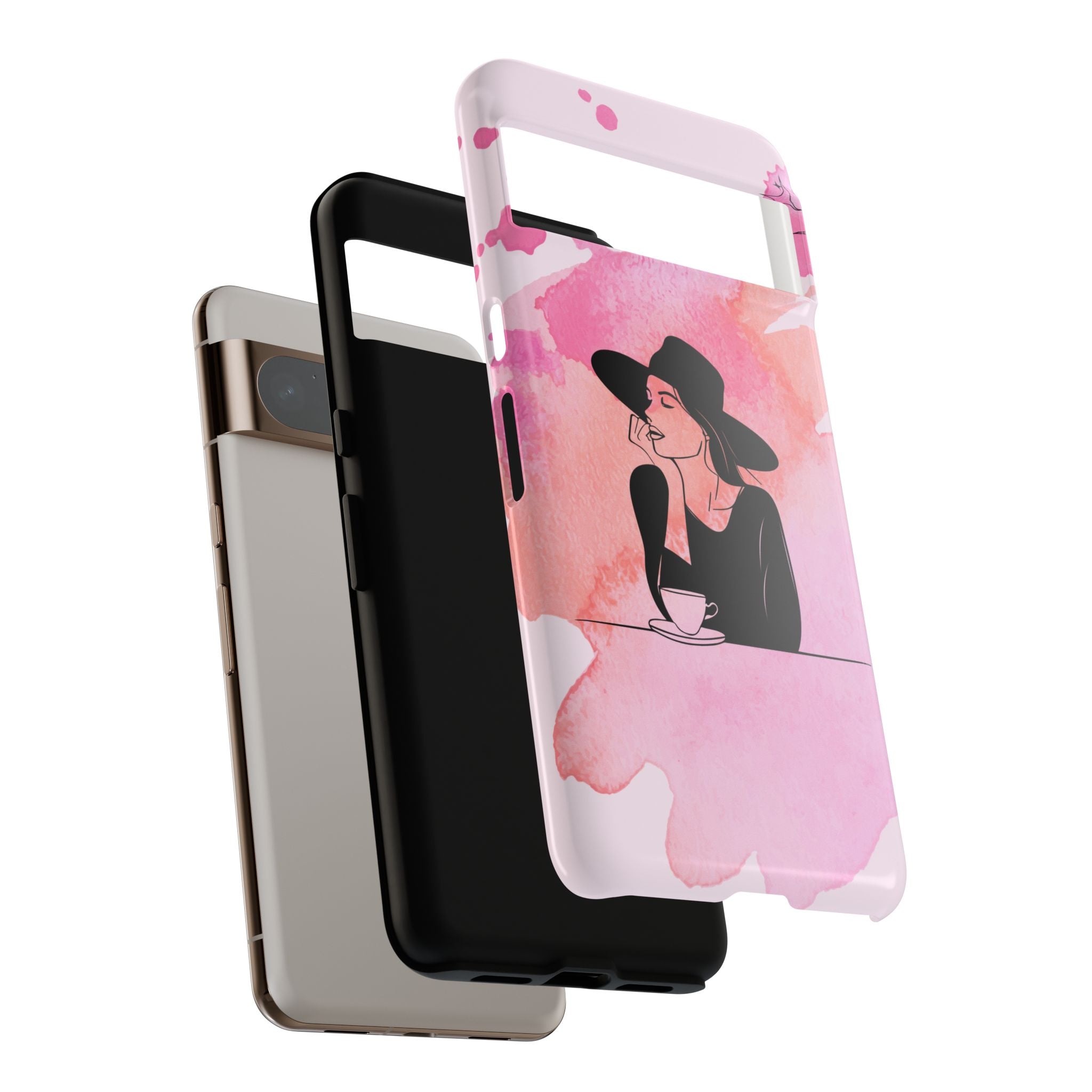 Coque de téléphone — Illustration de femme en aquarelle rose, housse de protection pour amateur de café