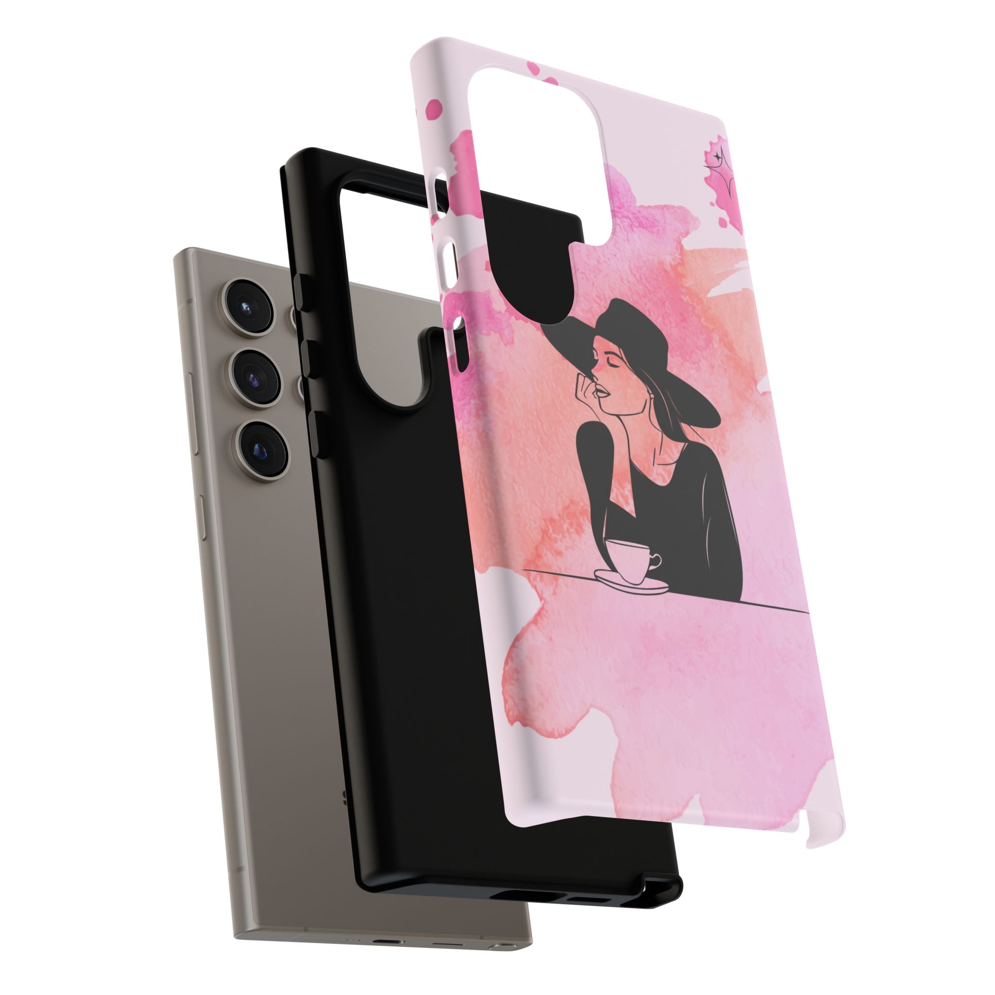 Coque de téléphone — Illustration de femme en aquarelle rose, housse de protection pour amateur de café