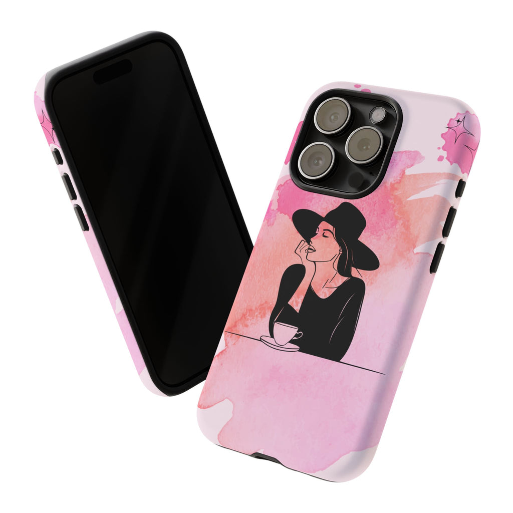 Coque de téléphone — Illustration de femme en aquarelle rose, housse de protection pour amateur de café