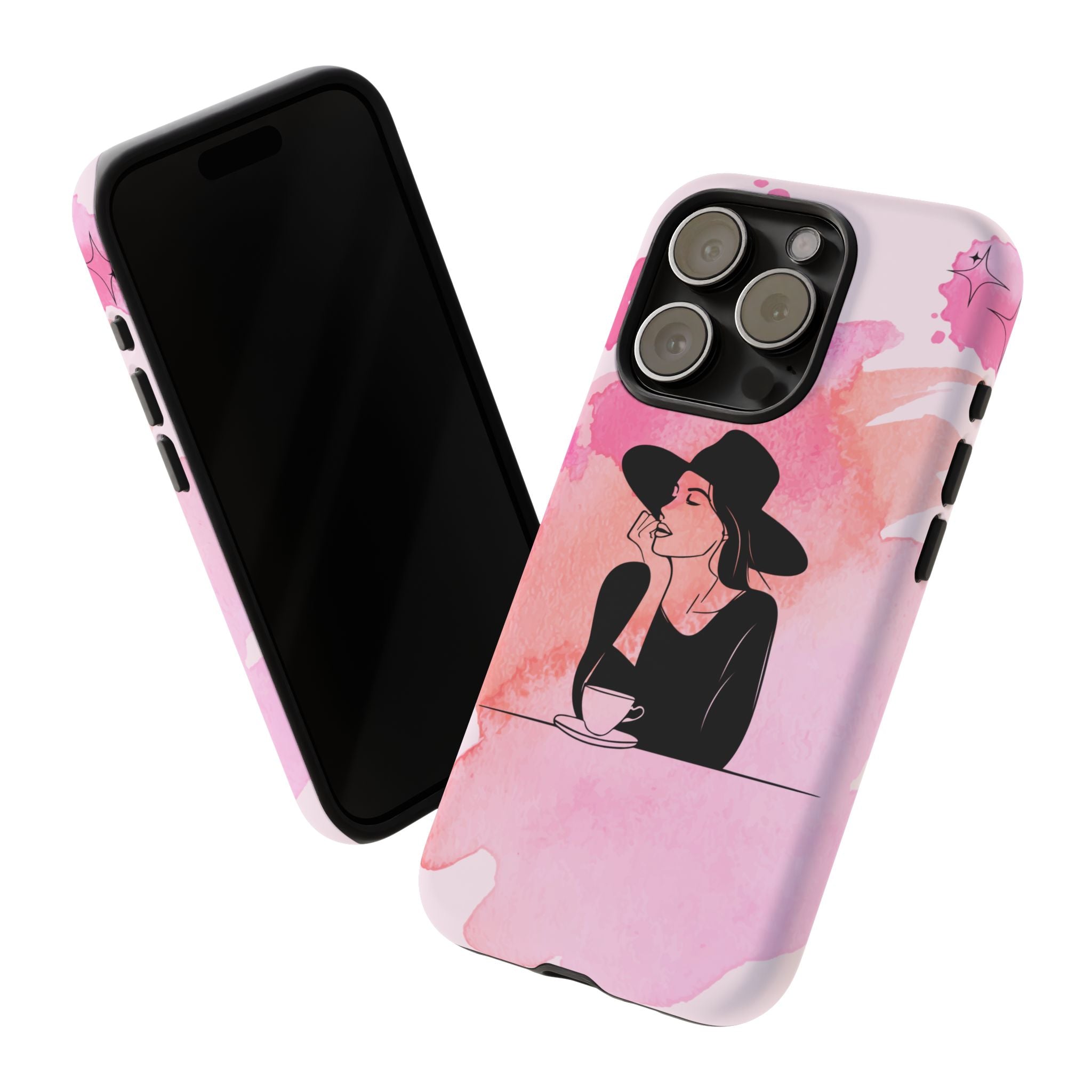 Coque de téléphone — Illustration de femme en aquarelle rose, housse de protection pour amateur de café