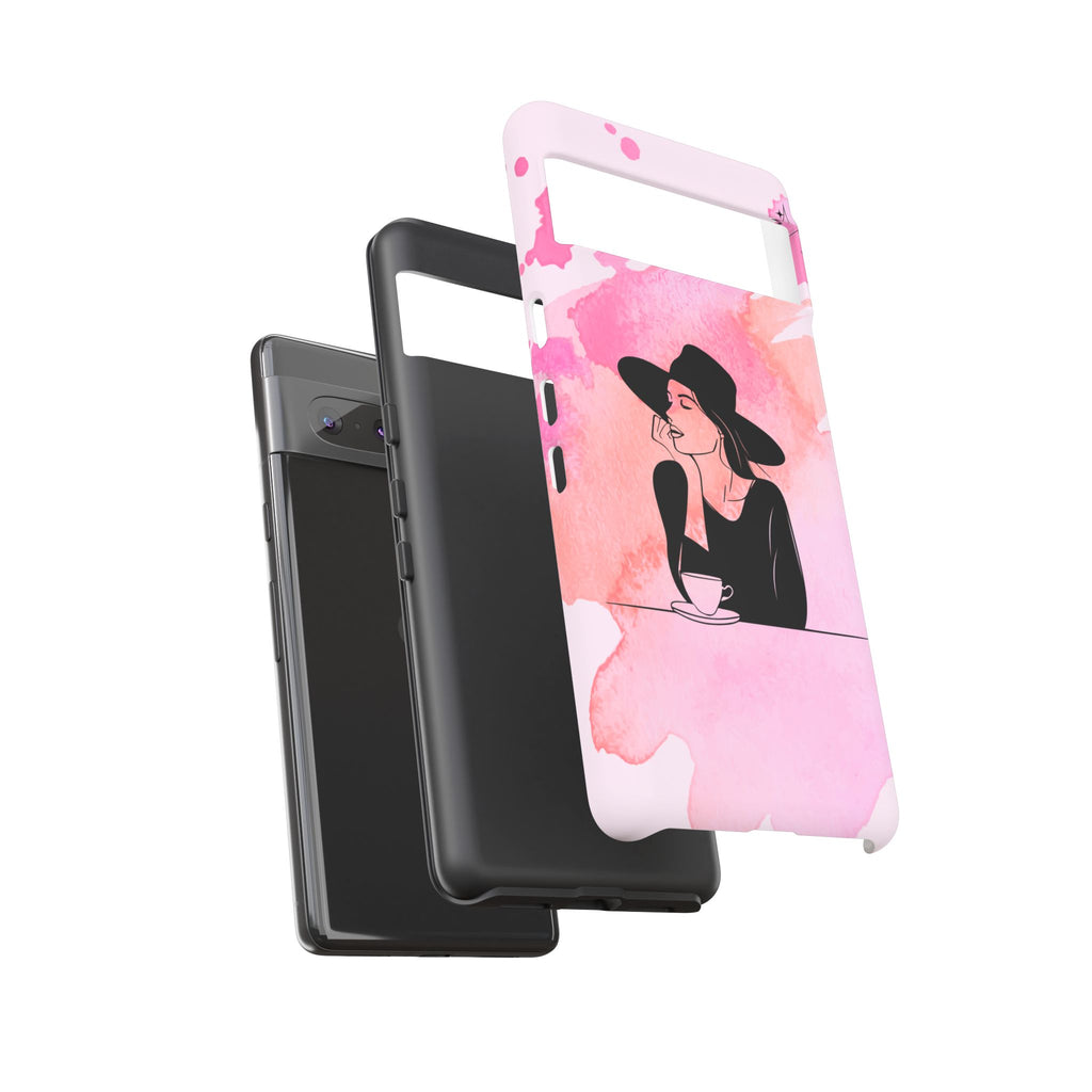 Coque de téléphone — Illustration de femme en aquarelle rose, housse de protection pour amateur de café