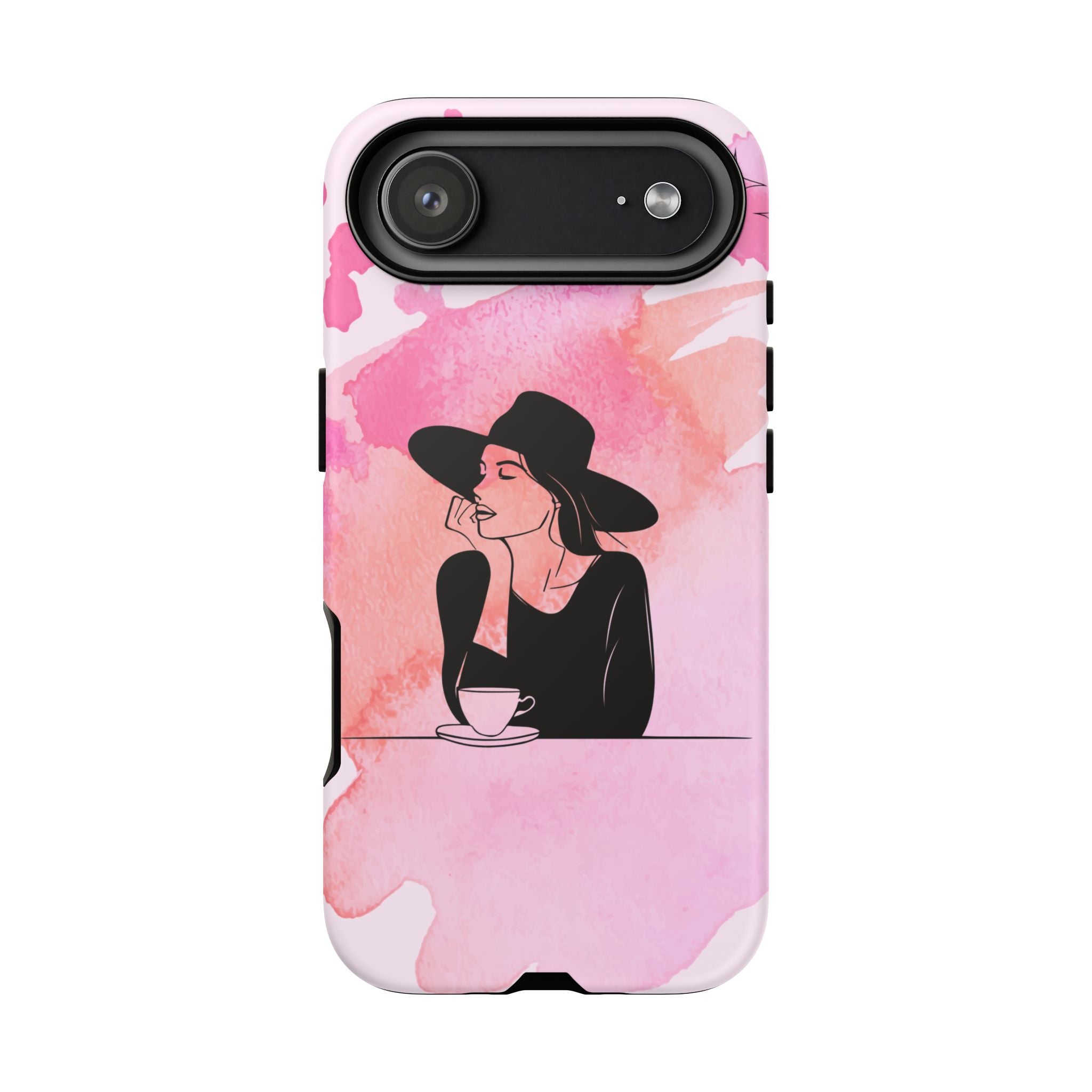 Coque de téléphone — Illustration de femme en aquarelle rose, housse de protection pour amateur de café