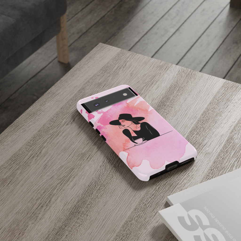 Coque de téléphone — Illustration de femme en aquarelle rose, housse de protection pour amateur de café