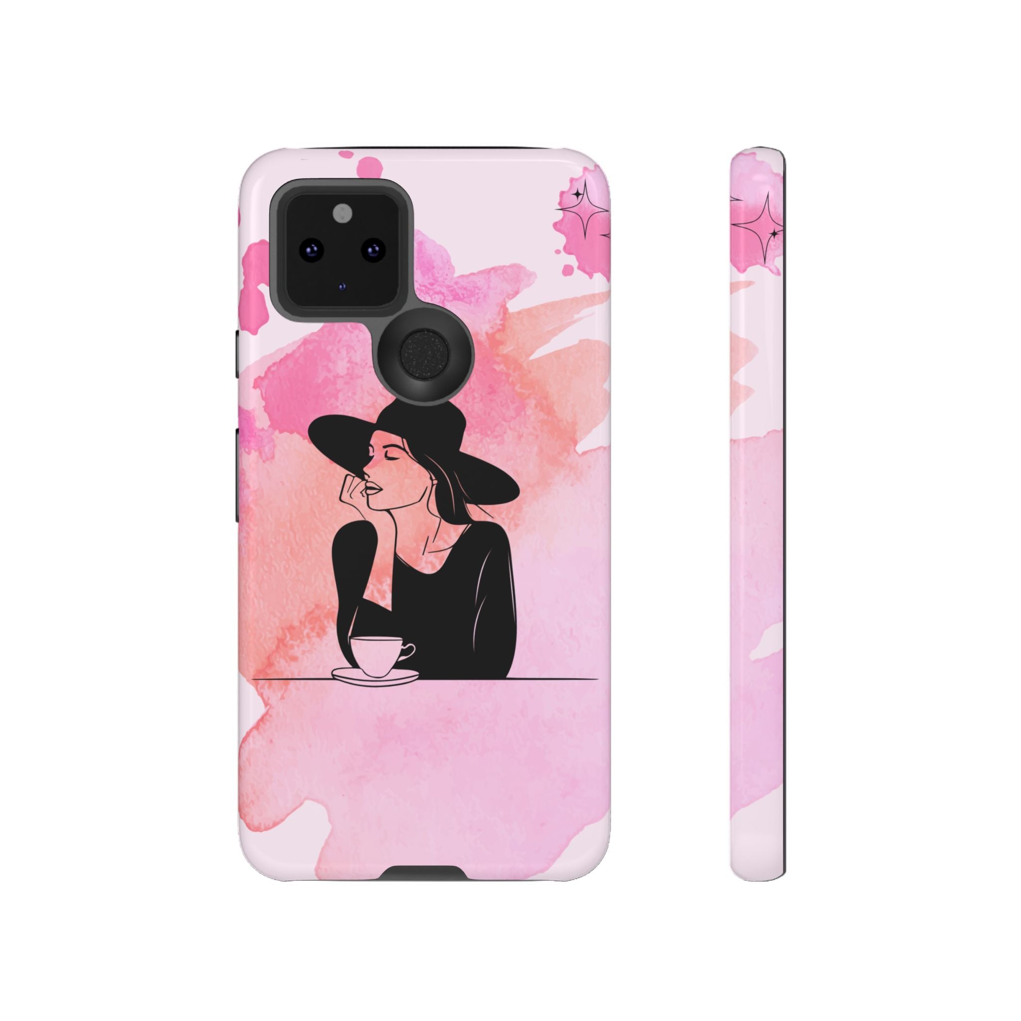 Coque de téléphone — Illustration de femme en aquarelle rose, housse de protection pour amateur de café