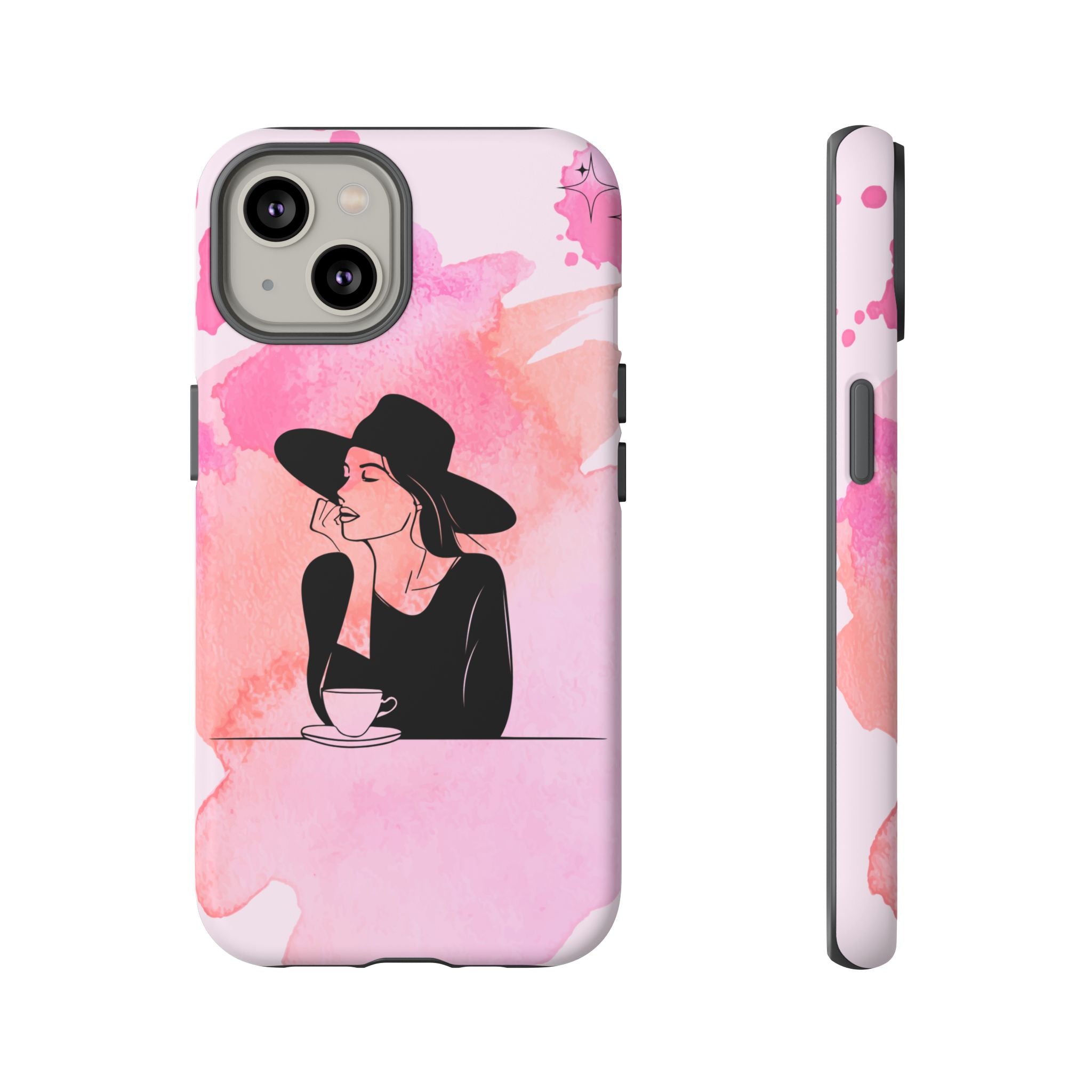 Coque de téléphone — Illustration de femme en aquarelle rose, housse de protection pour amateur de café
