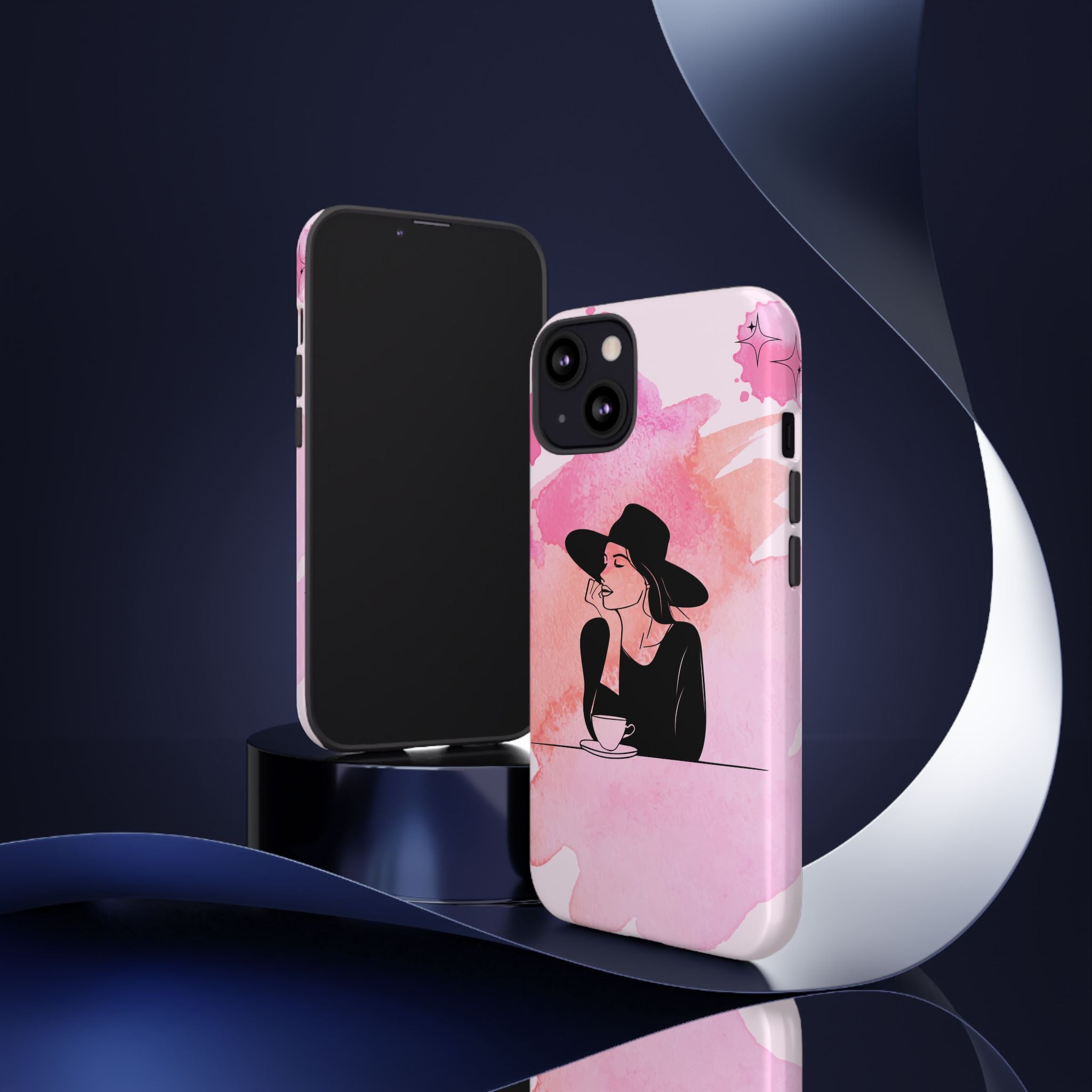 Coque de téléphone — Illustration de femme en aquarelle rose, housse de protection pour amateur de café