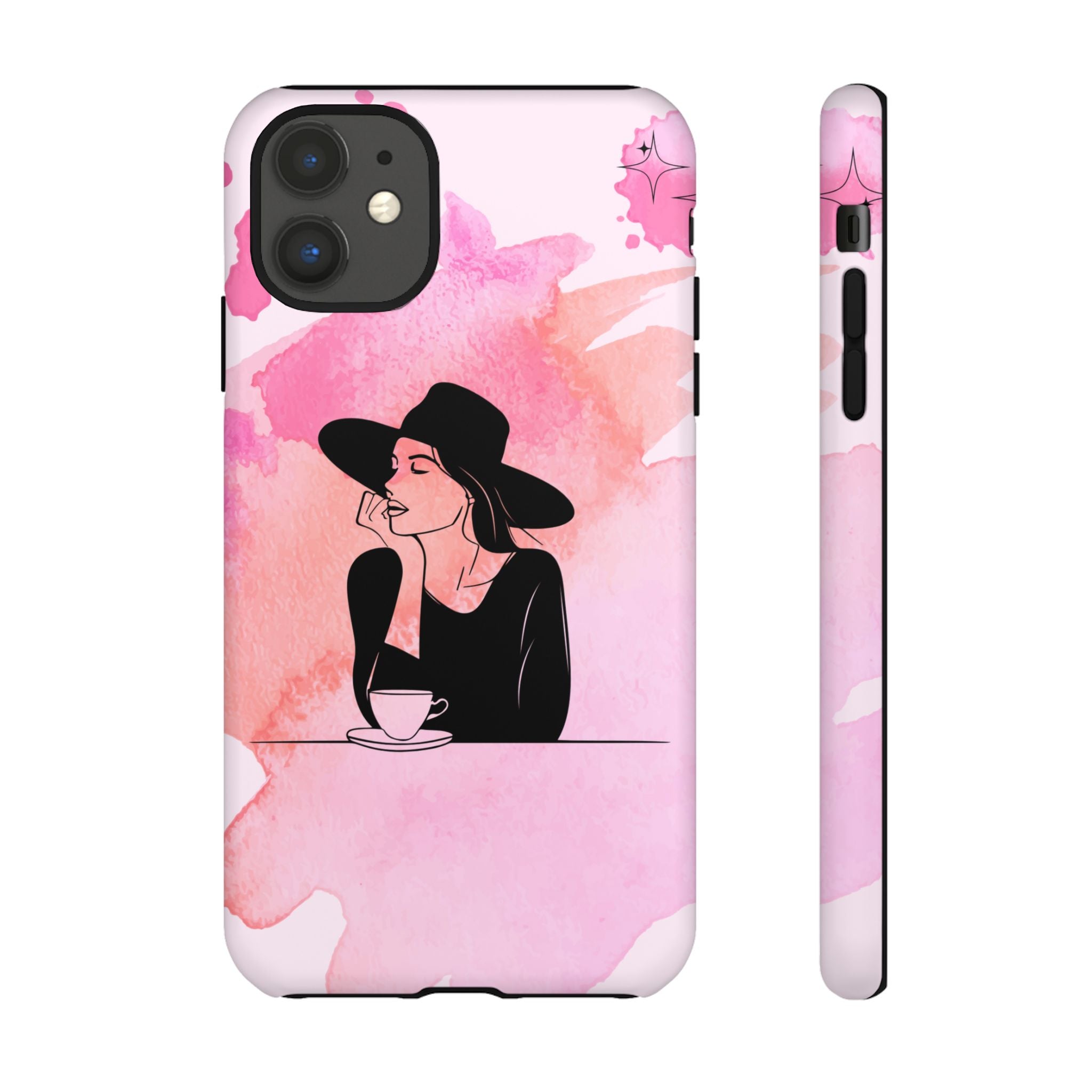 Coque de téléphone — Illustration de femme en aquarelle rose, housse de protection pour amateur de café