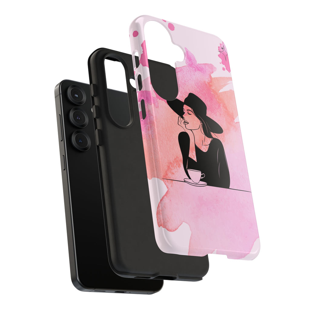Coque de téléphone — Illustration de femme en aquarelle rose, housse de protection pour amateur de café