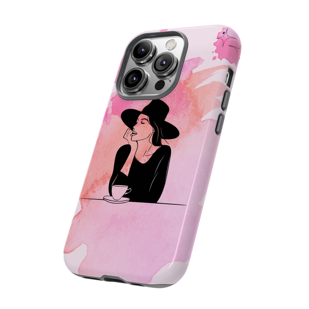 Coque de téléphone — Illustration de femme en aquarelle rose, housse de protection pour amateur de café