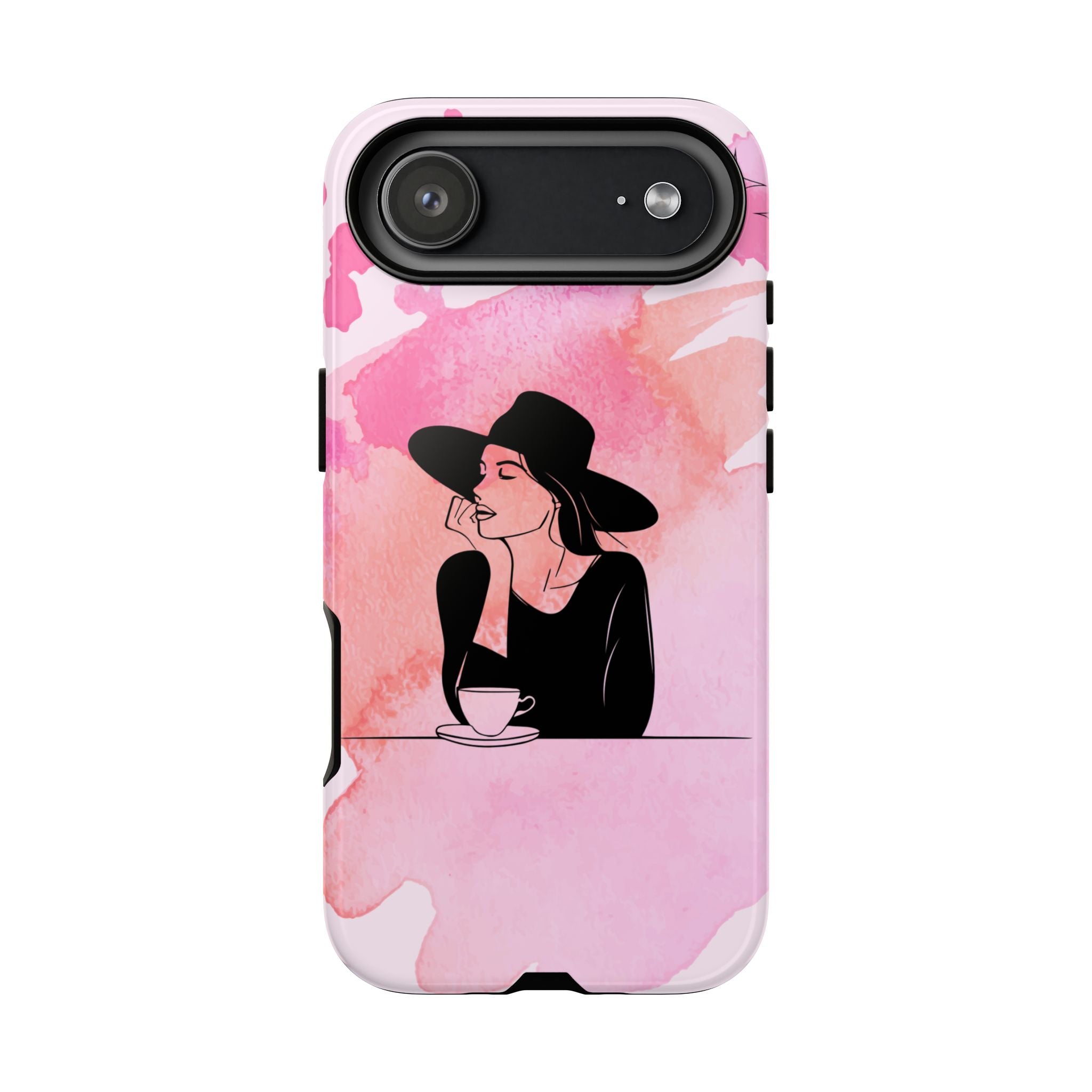 Coque de téléphone — Illustration de femme en aquarelle rose, housse de protection pour amateur de café
