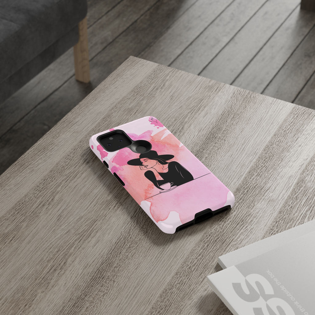 Coque de téléphone — Illustration de femme en aquarelle rose, housse de protection pour amateur de café
