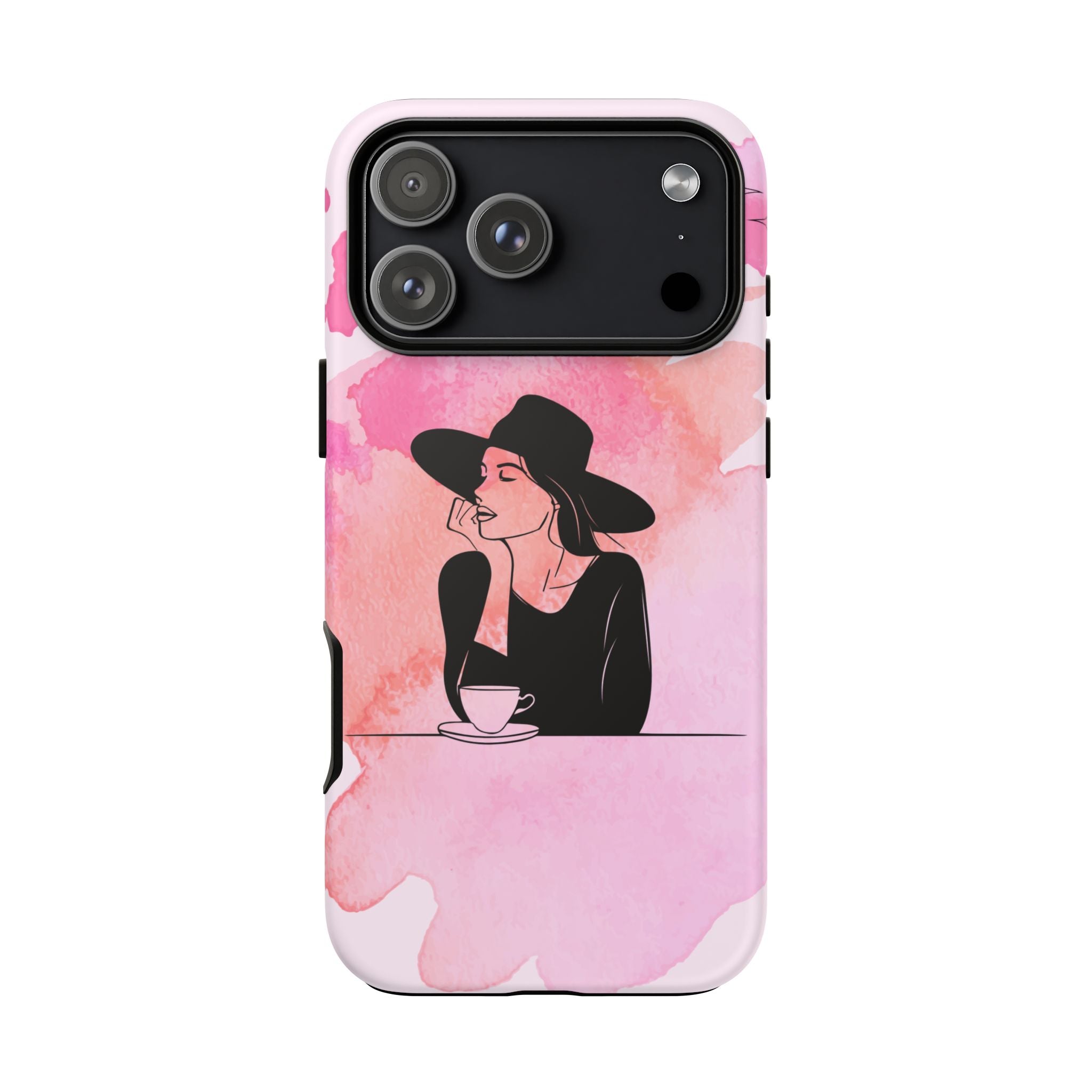 Coque de téléphone — Illustration de femme en aquarelle rose, housse de protection pour amateur de café