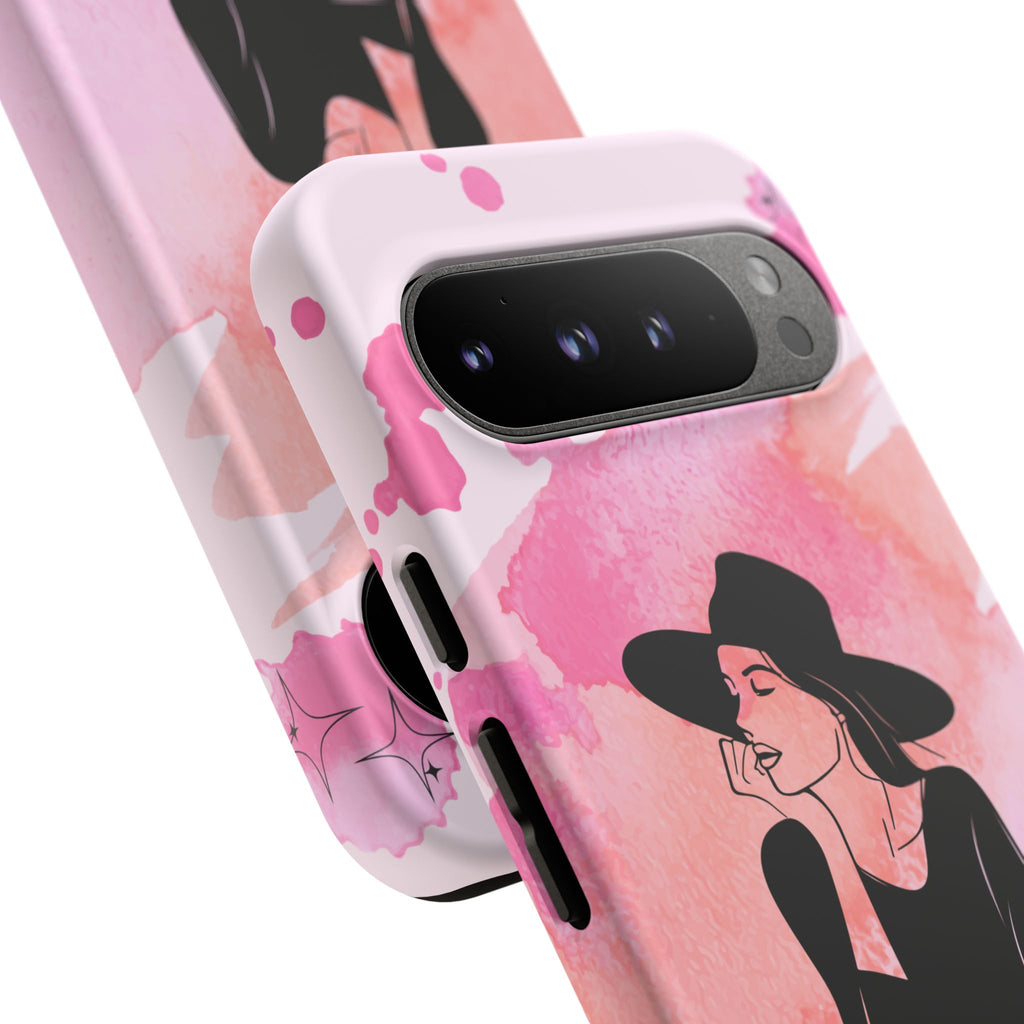 Coque de téléphone — Illustration de femme en aquarelle rose, housse de protection pour amateur de café