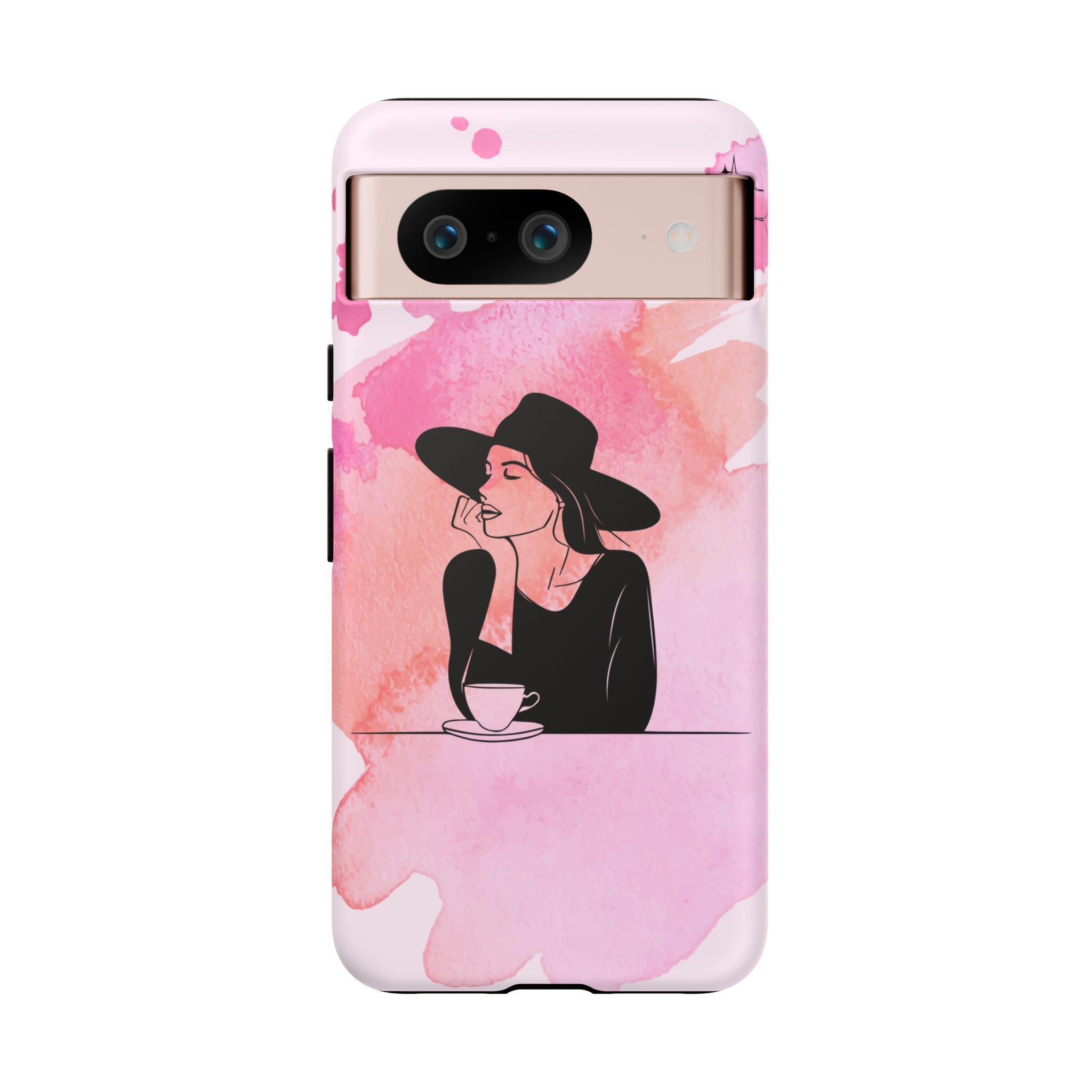 Coque de téléphone — Illustration de femme en aquarelle rose, housse de protection pour amateur de café