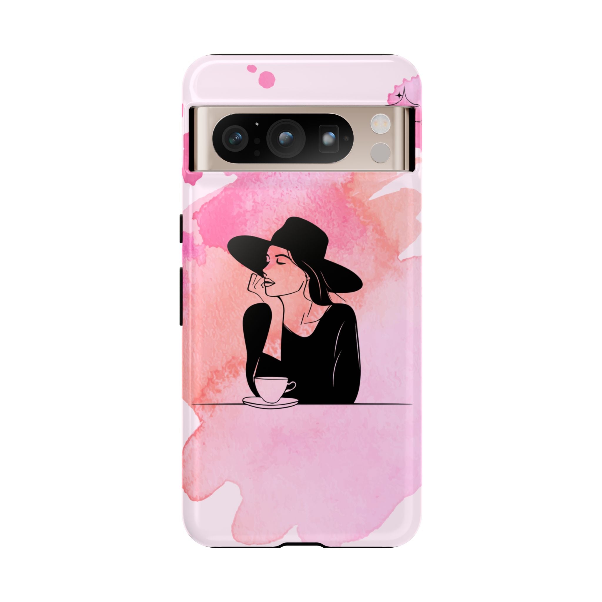 Coque de téléphone — Illustration de femme en aquarelle rose, housse de protection pour amateur de café
