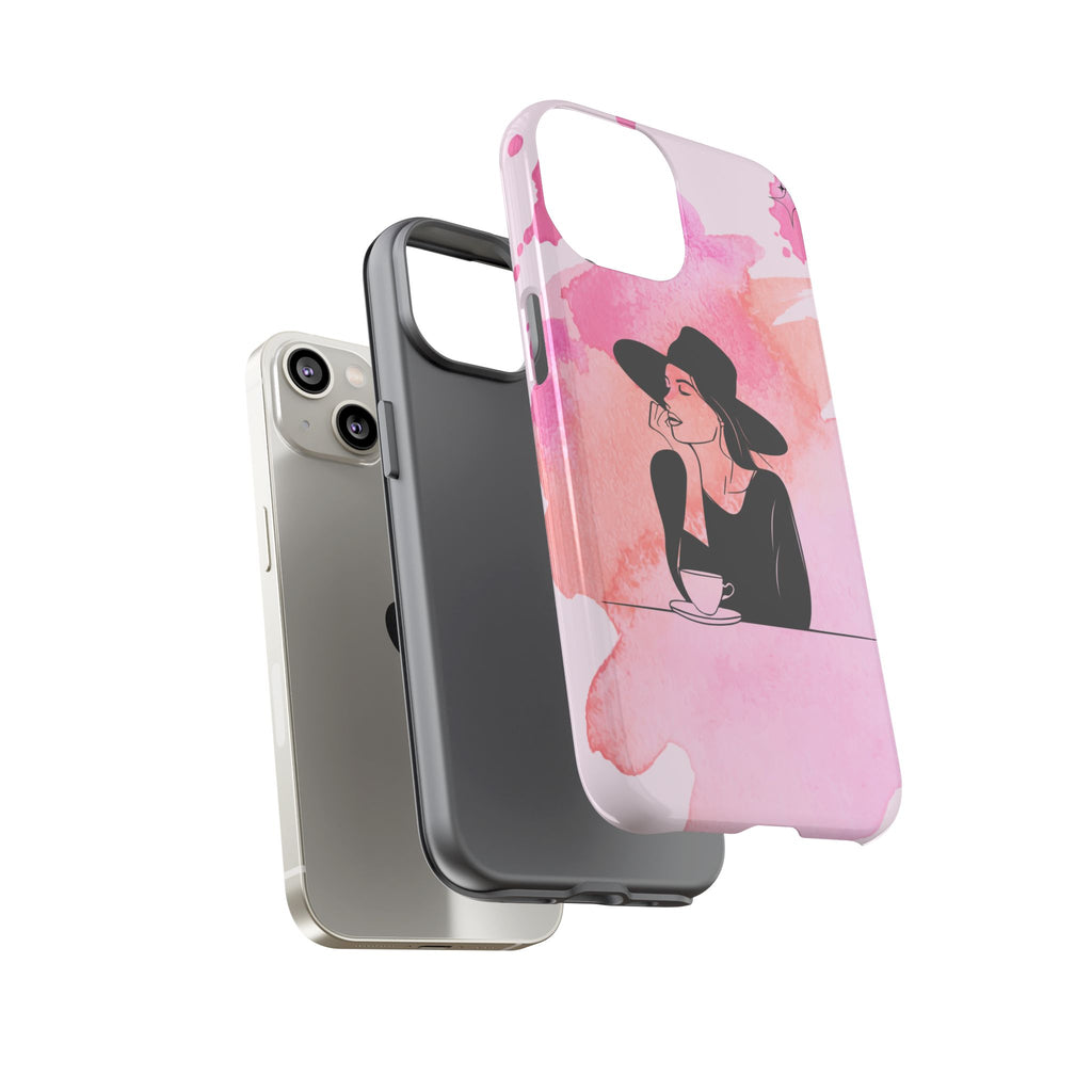 Coque de téléphone — Illustration de femme en aquarelle rose, housse de protection pour amateur de café