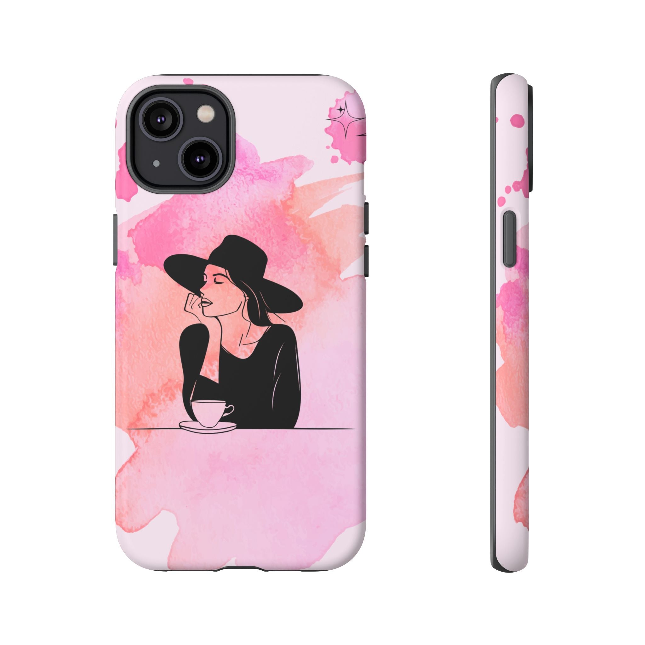 Coque de téléphone — Illustration de femme en aquarelle rose, housse de protection pour amateur de café