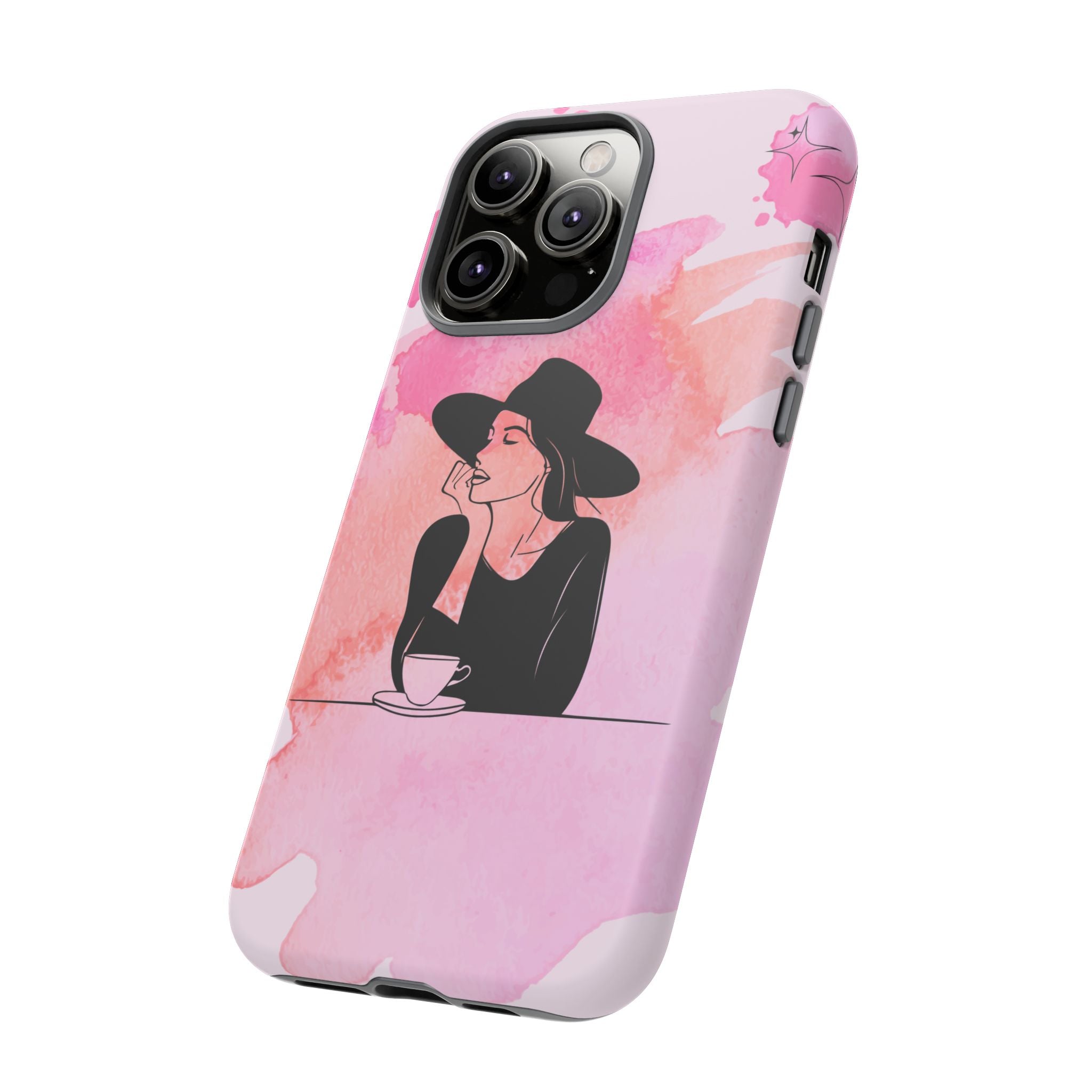 Coque de téléphone — Illustration de femme en aquarelle rose, housse de protection pour amateur de café