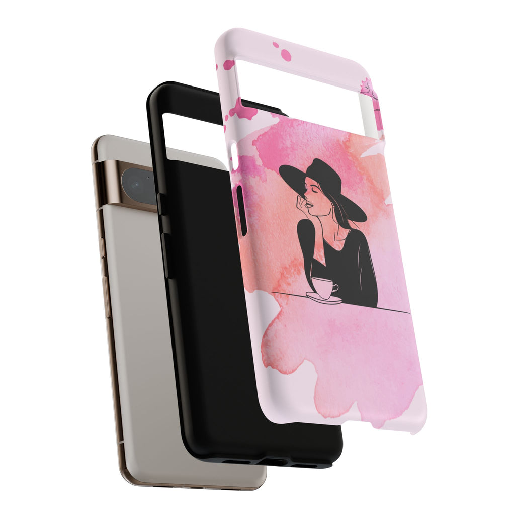 Coque de téléphone — Illustration de femme en aquarelle rose, housse de protection pour amateur de café