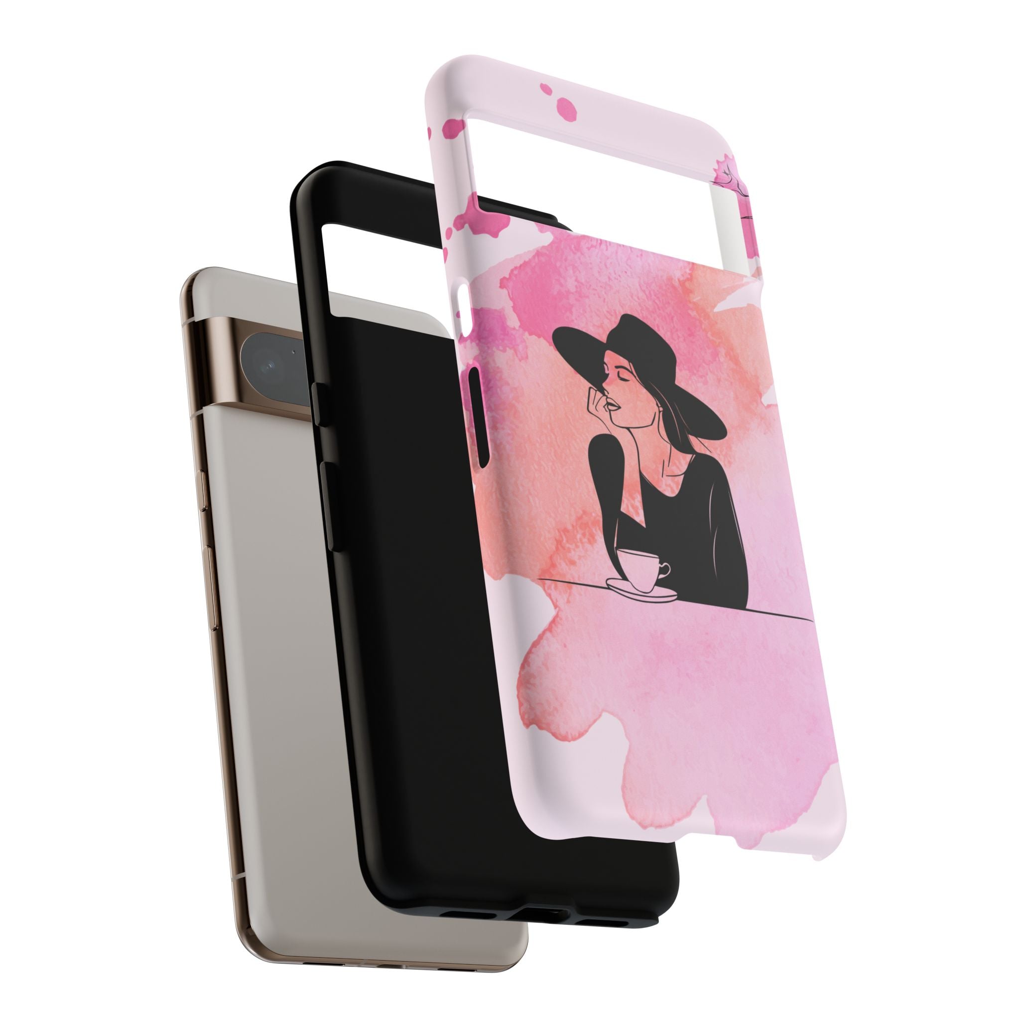 Coque de téléphone — Illustration de femme en aquarelle rose, housse de protection pour amateur de café