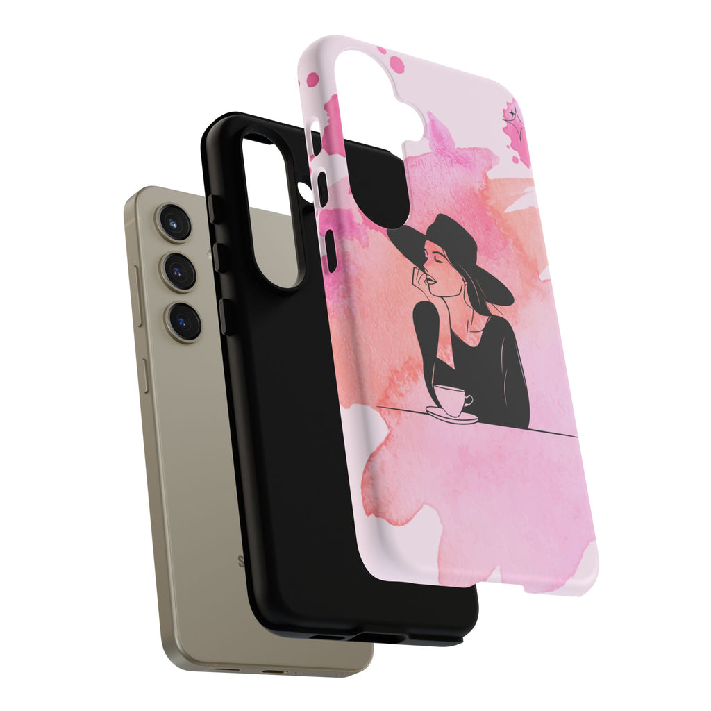 Coque de téléphone — Illustration de femme en aquarelle rose, housse de protection pour amateur de café