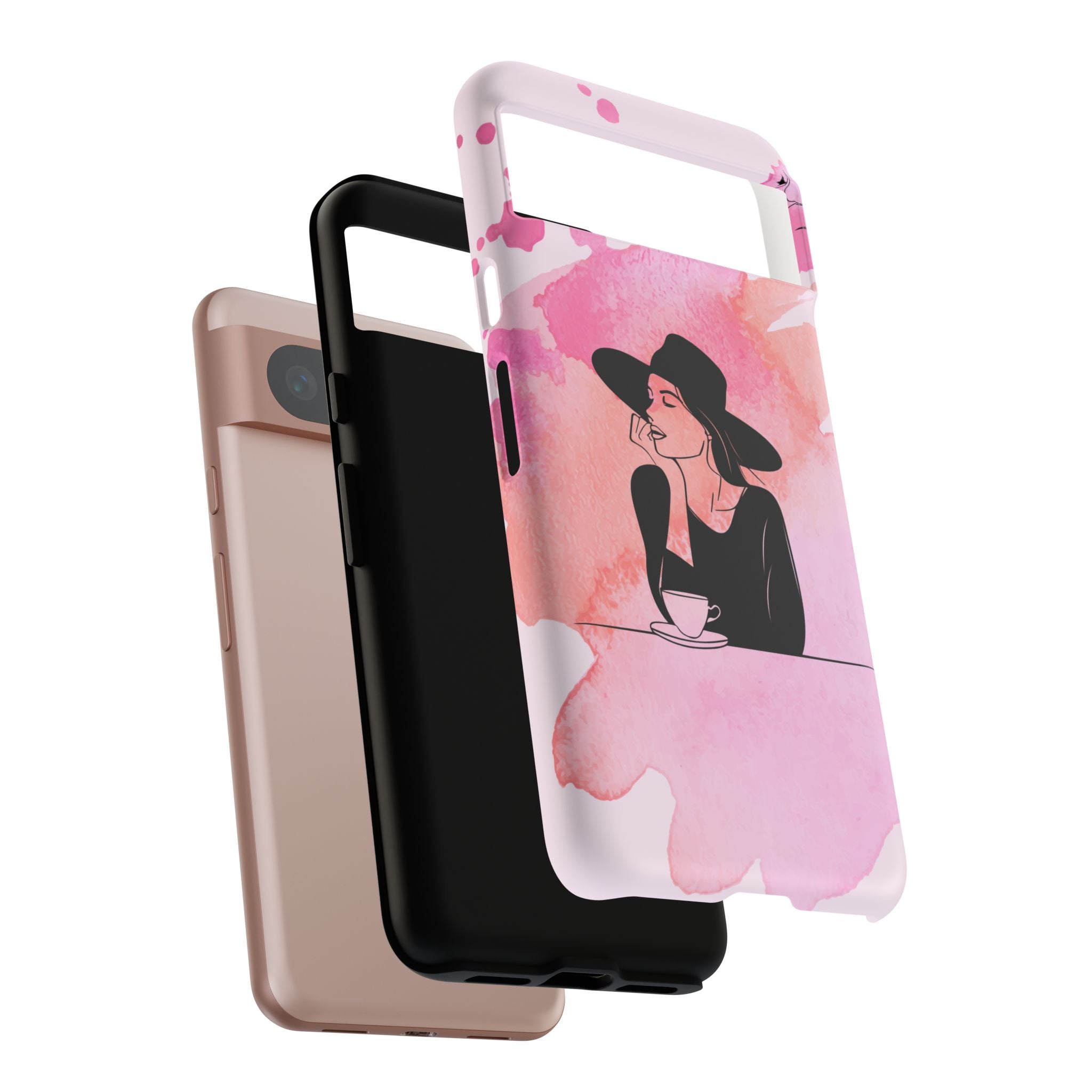 Coque de téléphone — Illustration de femme en aquarelle rose, housse de protection pour amateur de café