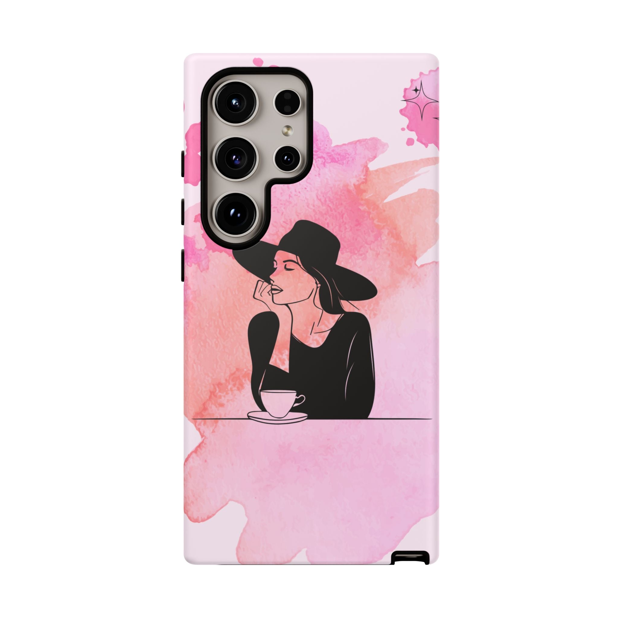 Coque de téléphone — Illustration de femme en aquarelle rose, housse de protection pour amateur de café