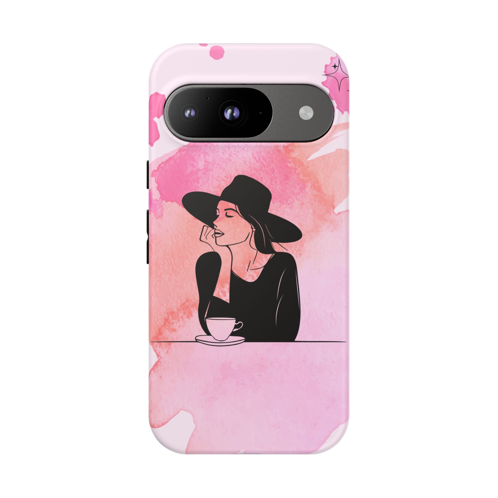 Coque de téléphone — Illustration de femme en aquarelle rose, housse de protection pour amateur de café