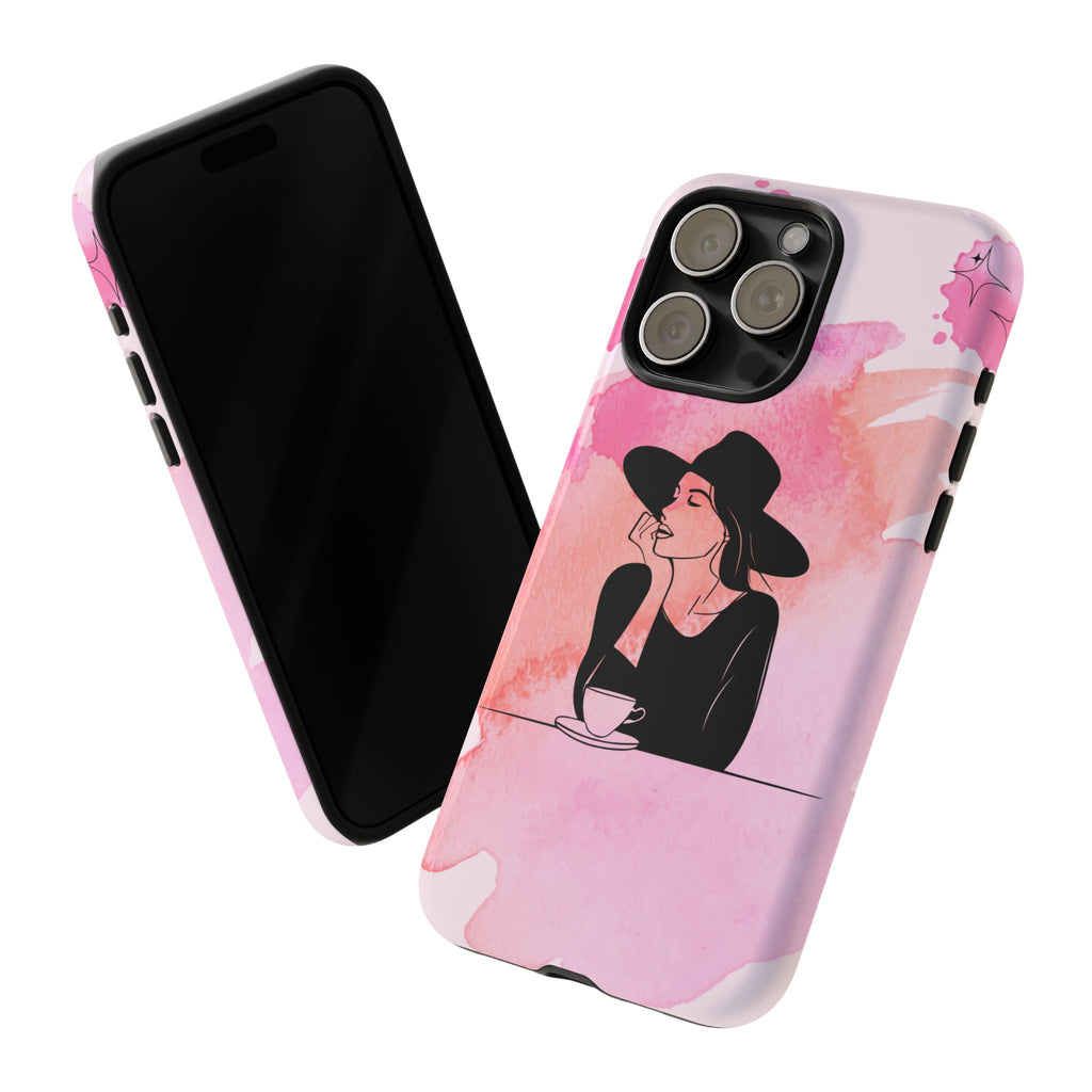 Coque de téléphone — Illustration de femme en aquarelle rose, housse de protection pour amateur de café