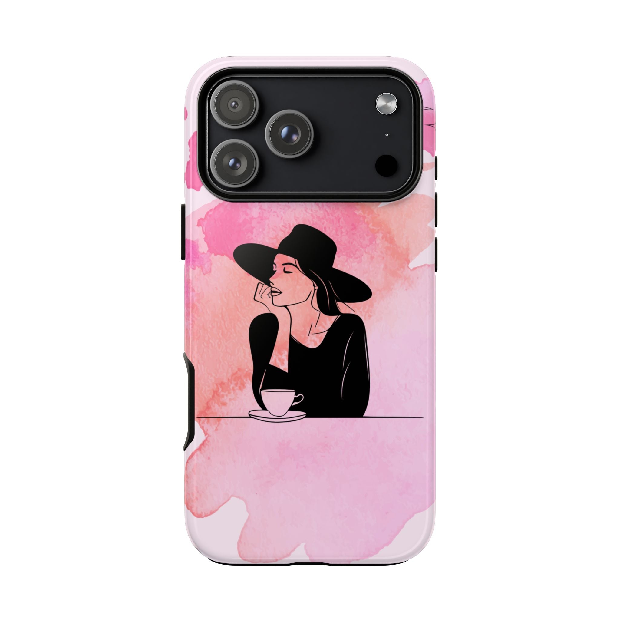 Coque de téléphone — Illustration de femme en aquarelle rose, housse de protection pour amateur de café