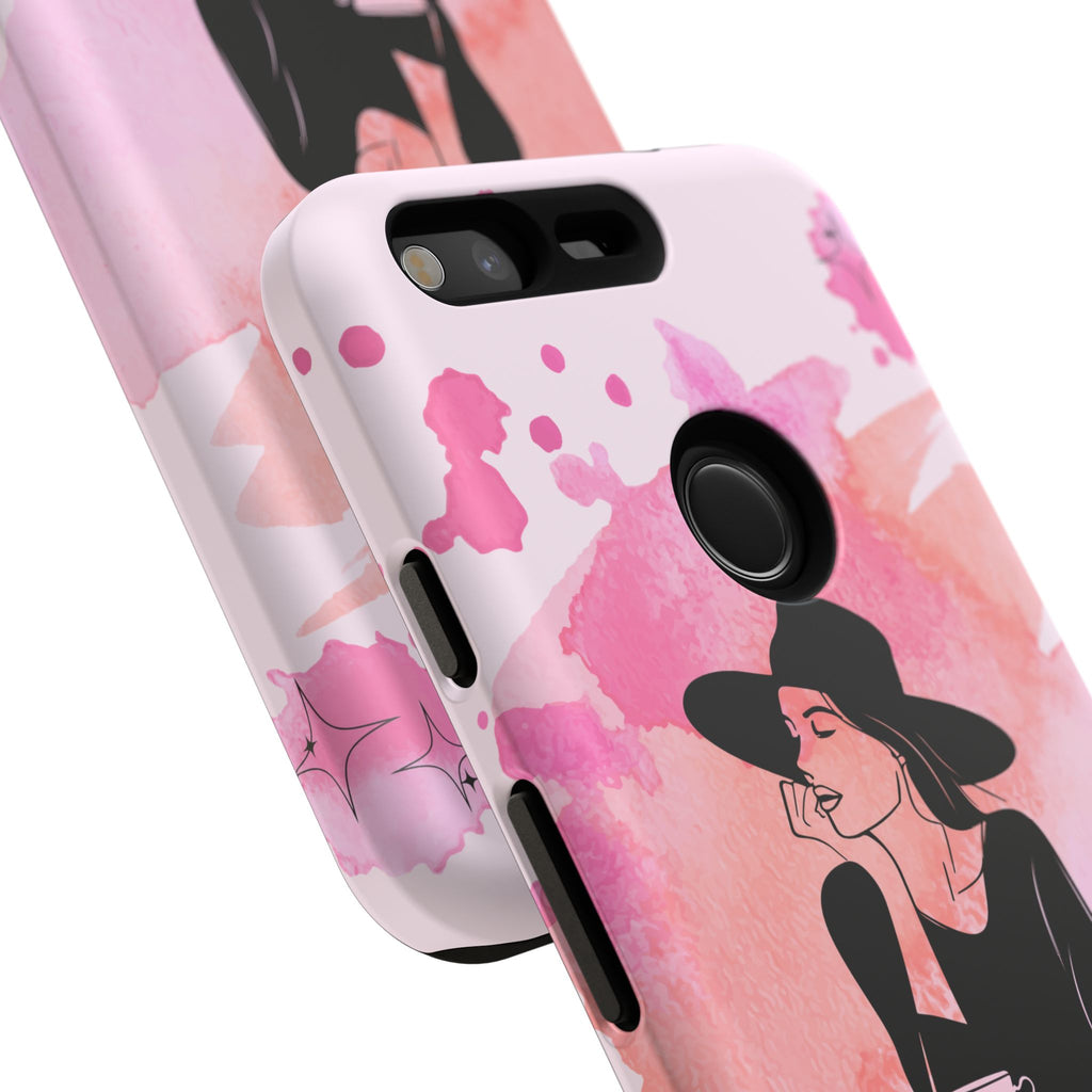 Coque de téléphone — Illustration de femme en aquarelle rose, housse de protection pour amateur de café