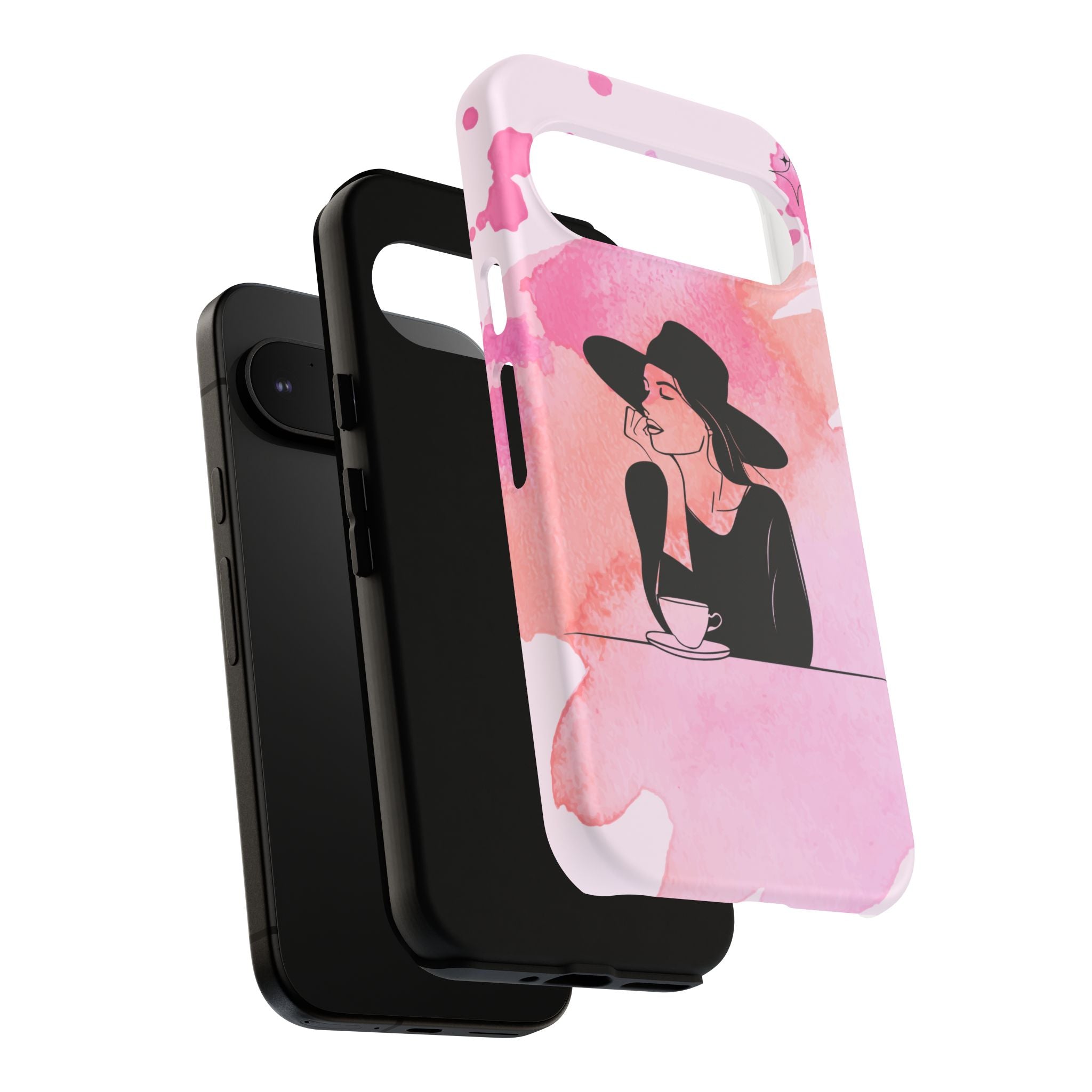 Coque de téléphone — Illustration de femme en aquarelle rose, housse de protection pour amateur de café