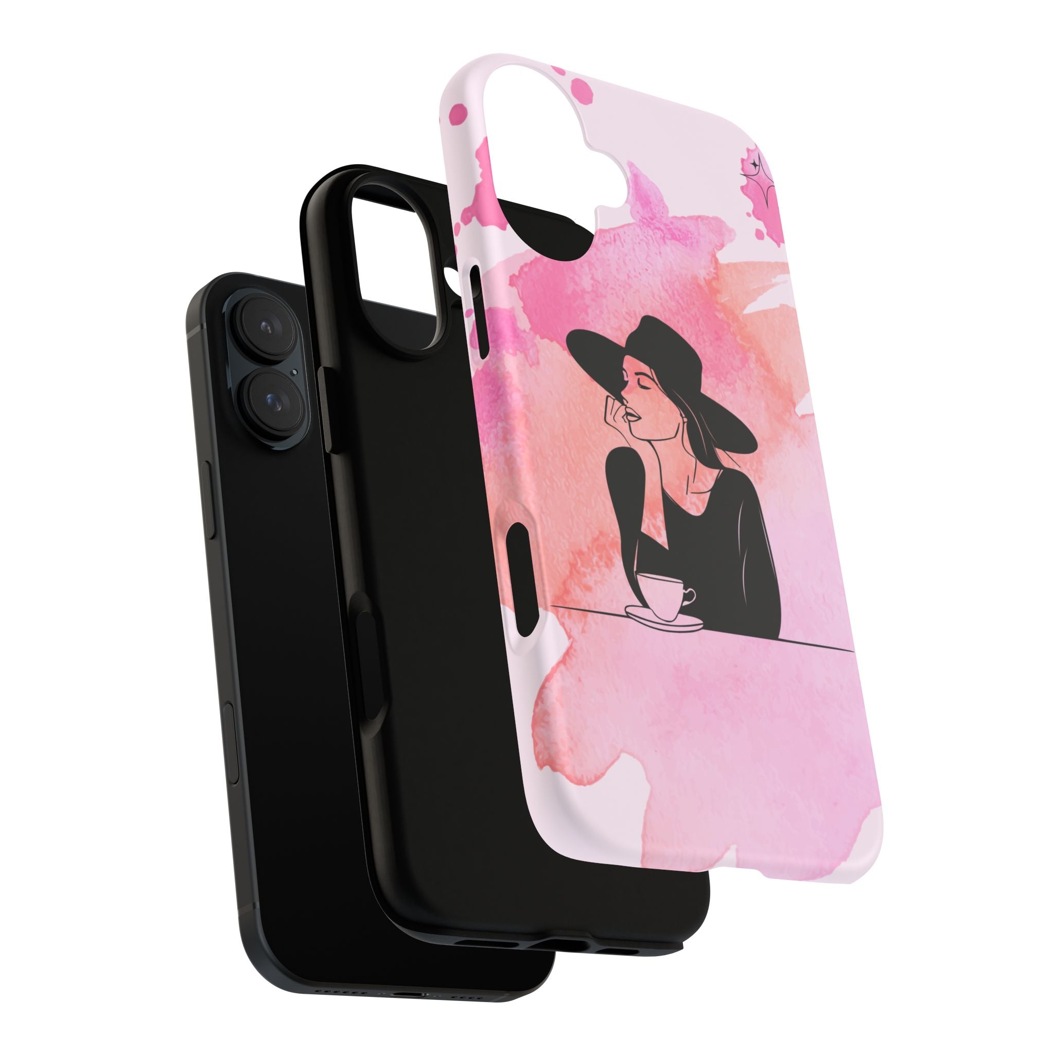 Coque de téléphone — Illustration de femme en aquarelle rose, housse de protection pour amateur de café