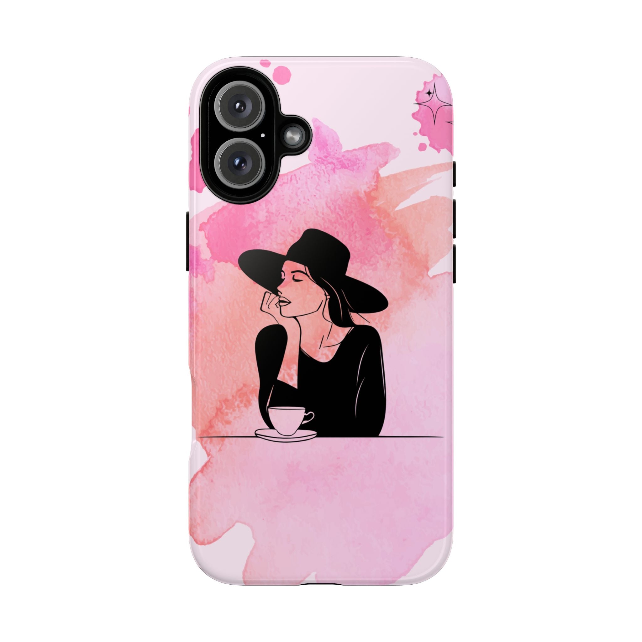 Coque de téléphone — Illustration de femme en aquarelle rose, housse de protection pour amateur de café