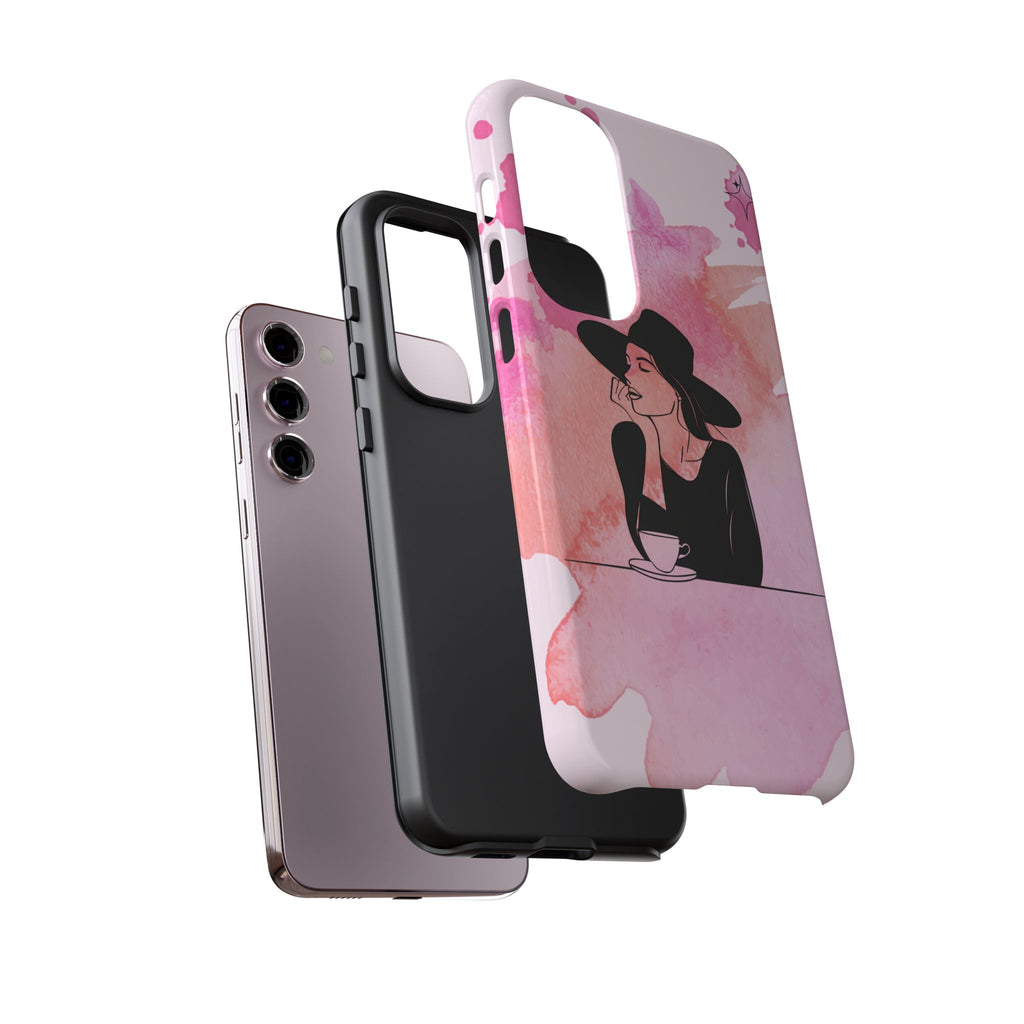 Coque de téléphone — Illustration de femme en aquarelle rose, housse de protection pour amateur de café