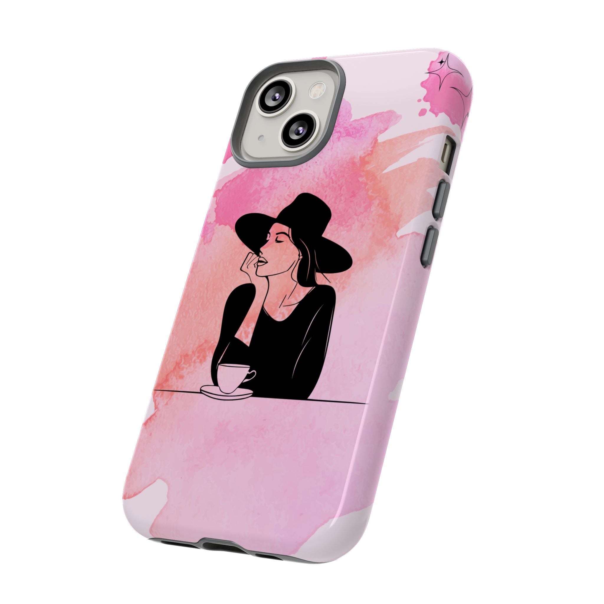 Coque de téléphone — Illustration de femme en aquarelle rose, housse de protection pour amateur de café