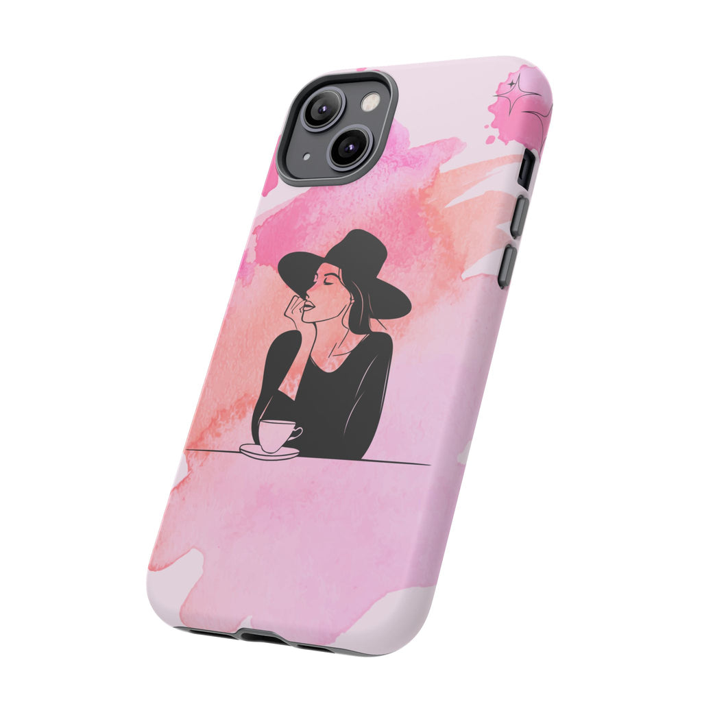 Coque de téléphone — Illustration de femme en aquarelle rose, housse de protection pour amateur de café