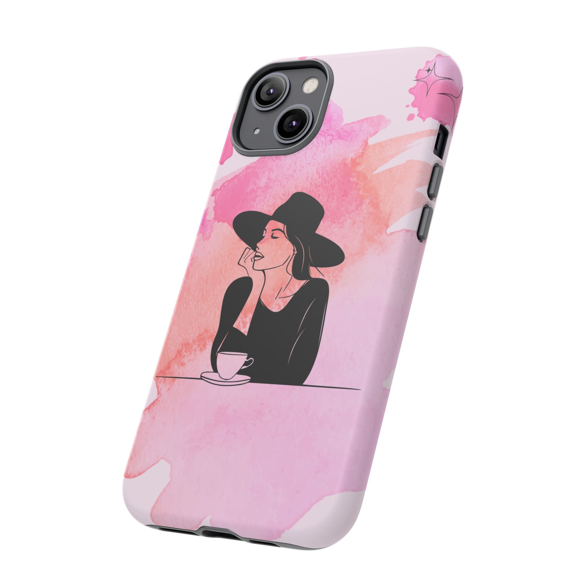 Coque de téléphone — Illustration de femme en aquarelle rose, housse de protection pour amateur de café