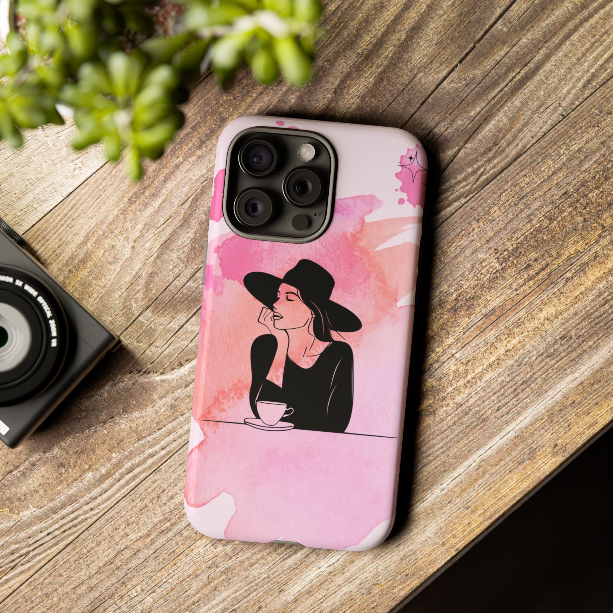 Coque de téléphone — Illustration de femme en aquarelle rose, housse de protection pour amateur de café