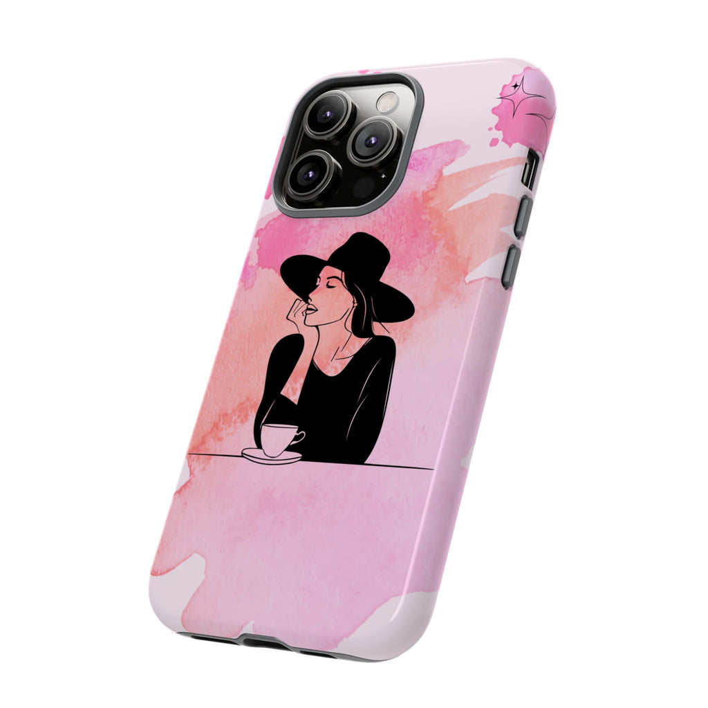 Coque de téléphone — Illustration de femme en aquarelle rose, housse de protection pour amateur de café