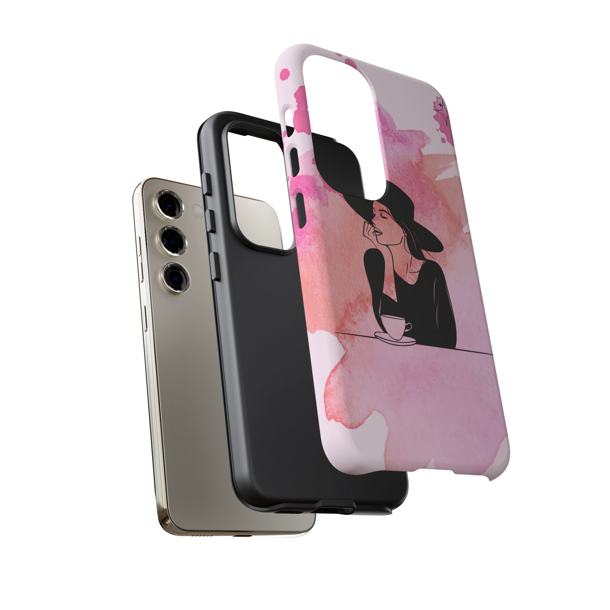 Coque de téléphone — Illustration de femme en aquarelle rose, housse de protection pour amateur de café