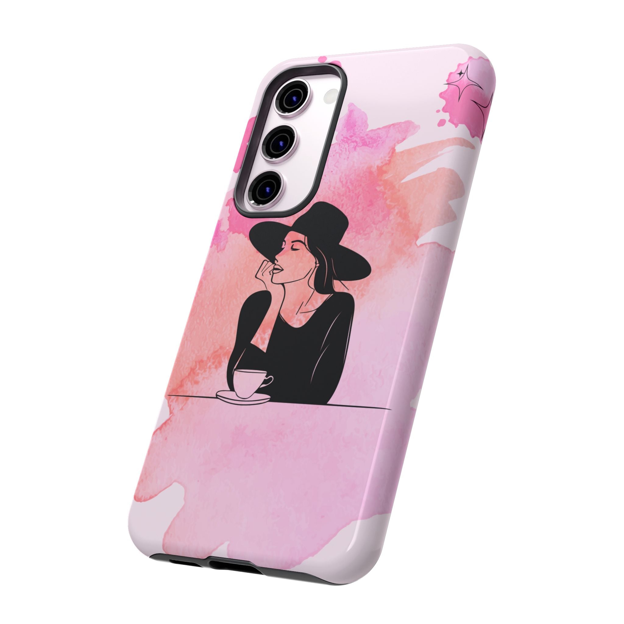 Coque de téléphone — Illustration de femme en aquarelle rose, housse de protection pour amateur de café