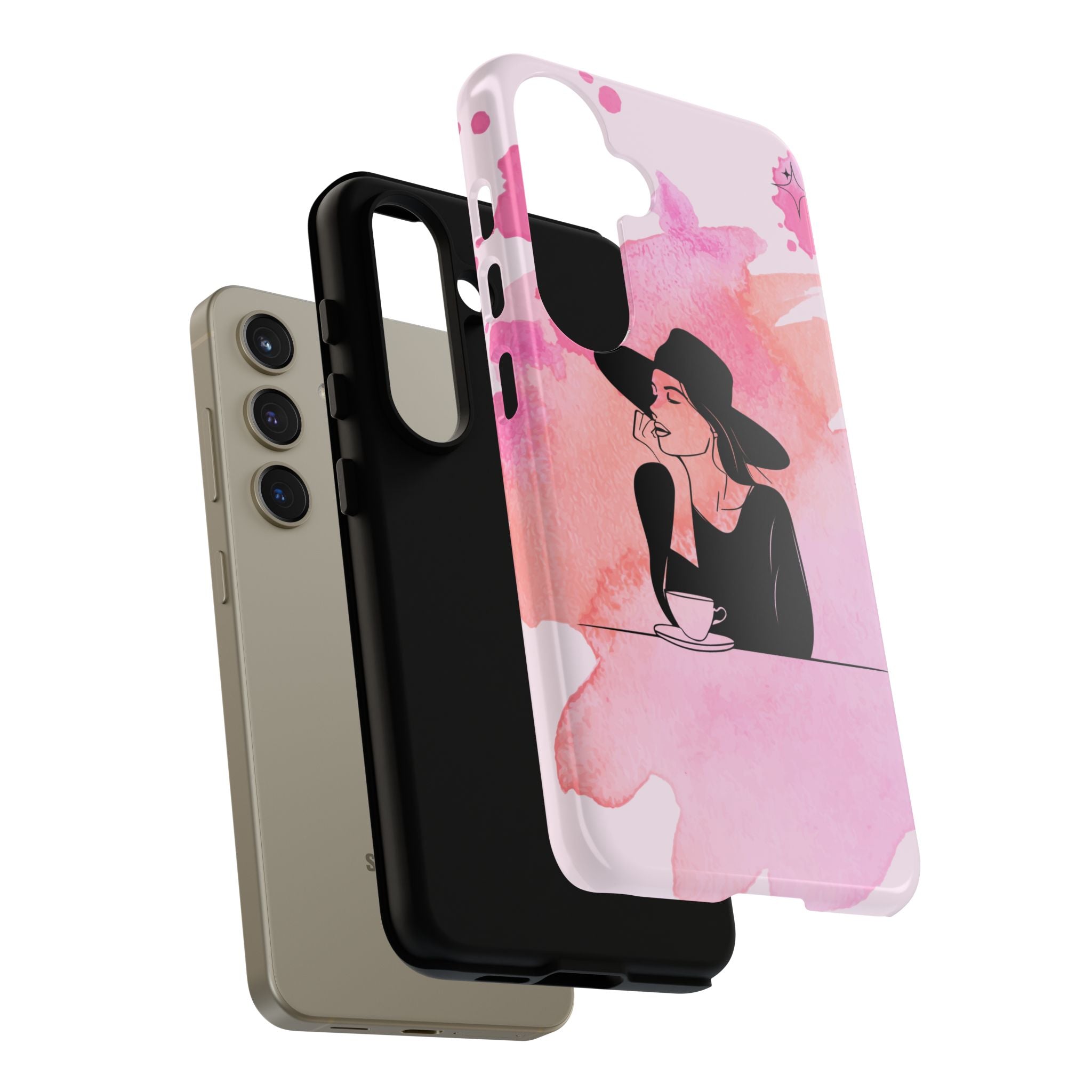 Coque de téléphone — Illustration de femme en aquarelle rose, housse de protection pour amateur de café