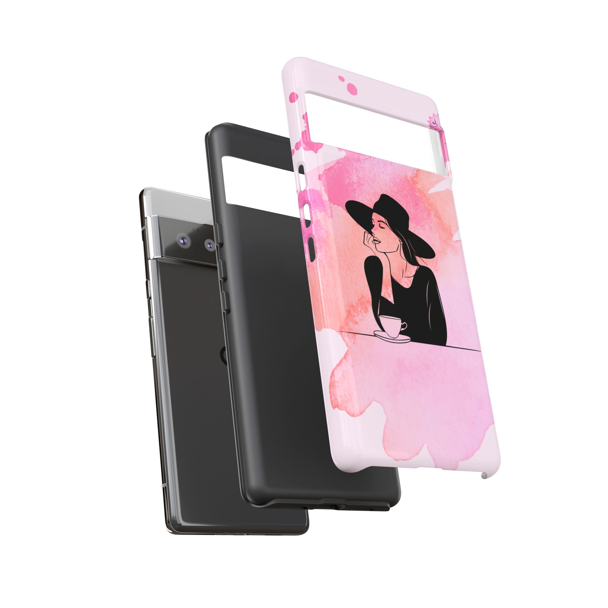 Coque de téléphone — Illustration de femme en aquarelle rose, housse de protection pour amateur de café