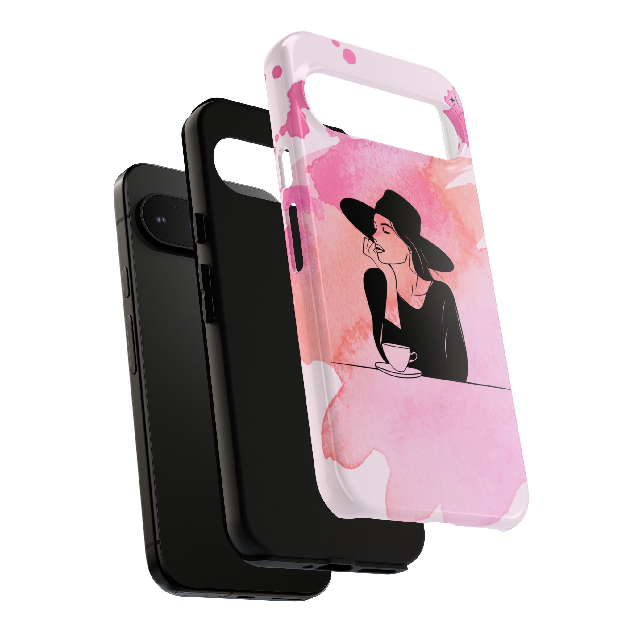 Coque de téléphone — Illustration de femme en aquarelle rose, housse de protection pour amateur de café