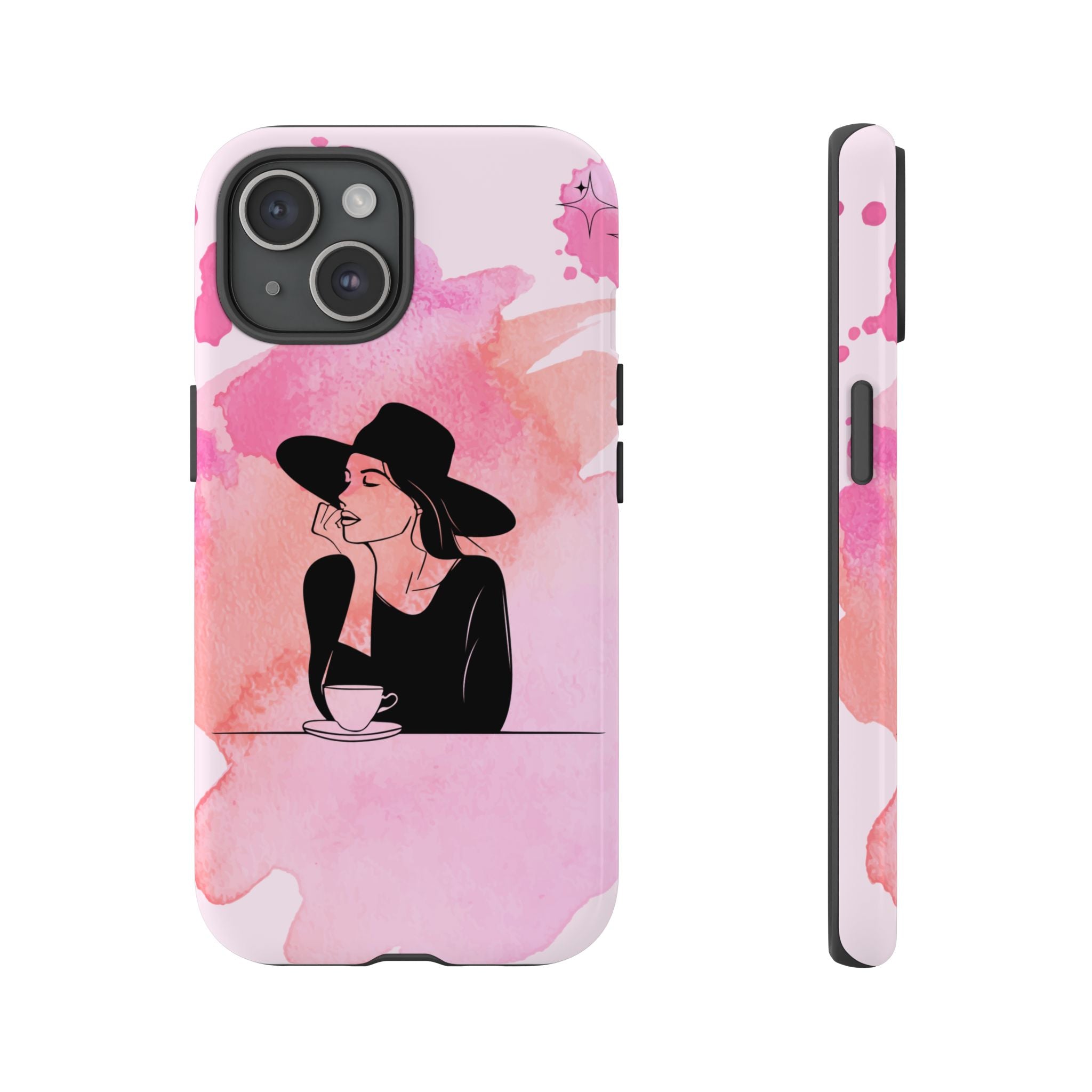 Coque de téléphone — Illustration de femme en aquarelle rose, housse de protection pour amateur de café