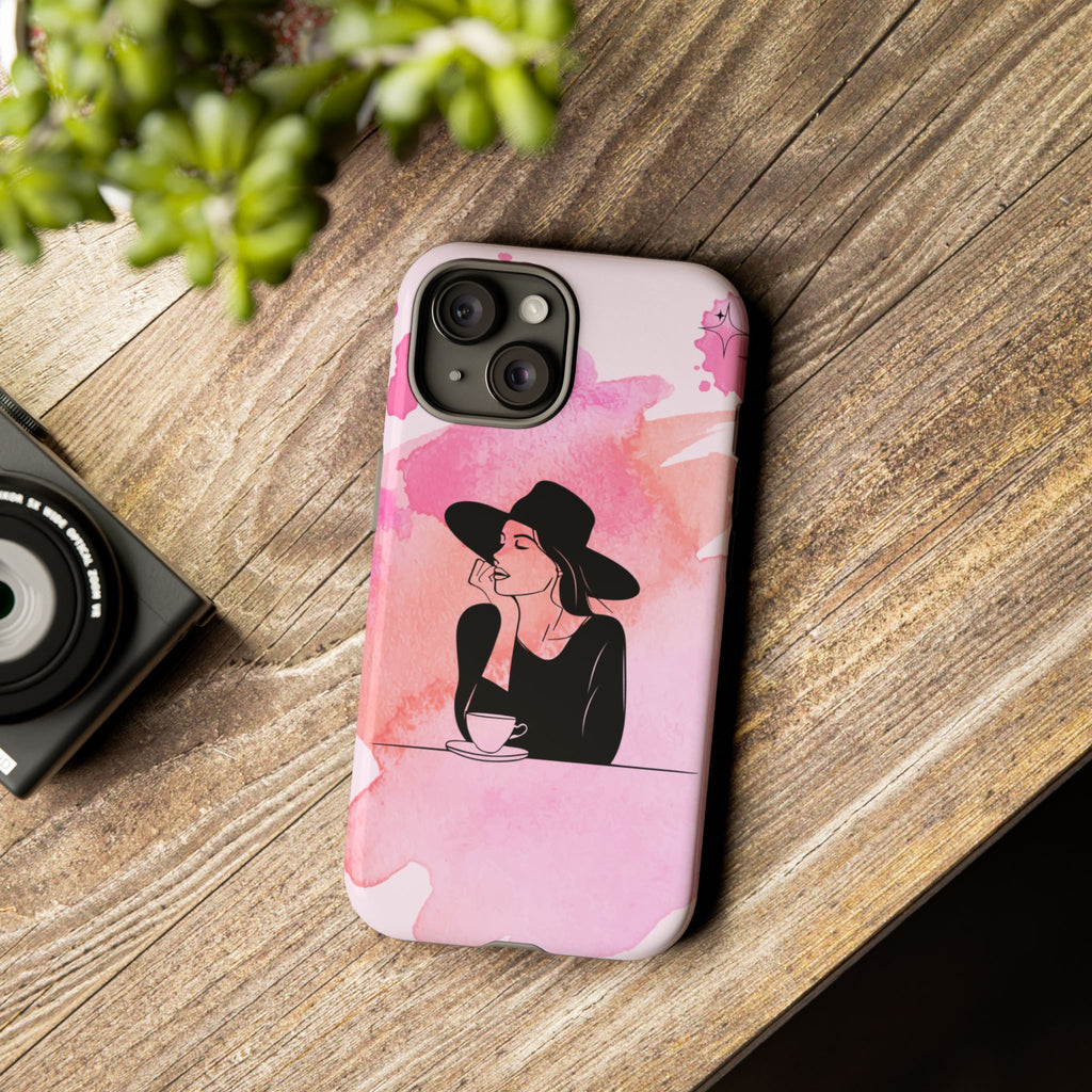 Coque de téléphone — Illustration de femme en aquarelle rose, housse de protection pour amateur de café