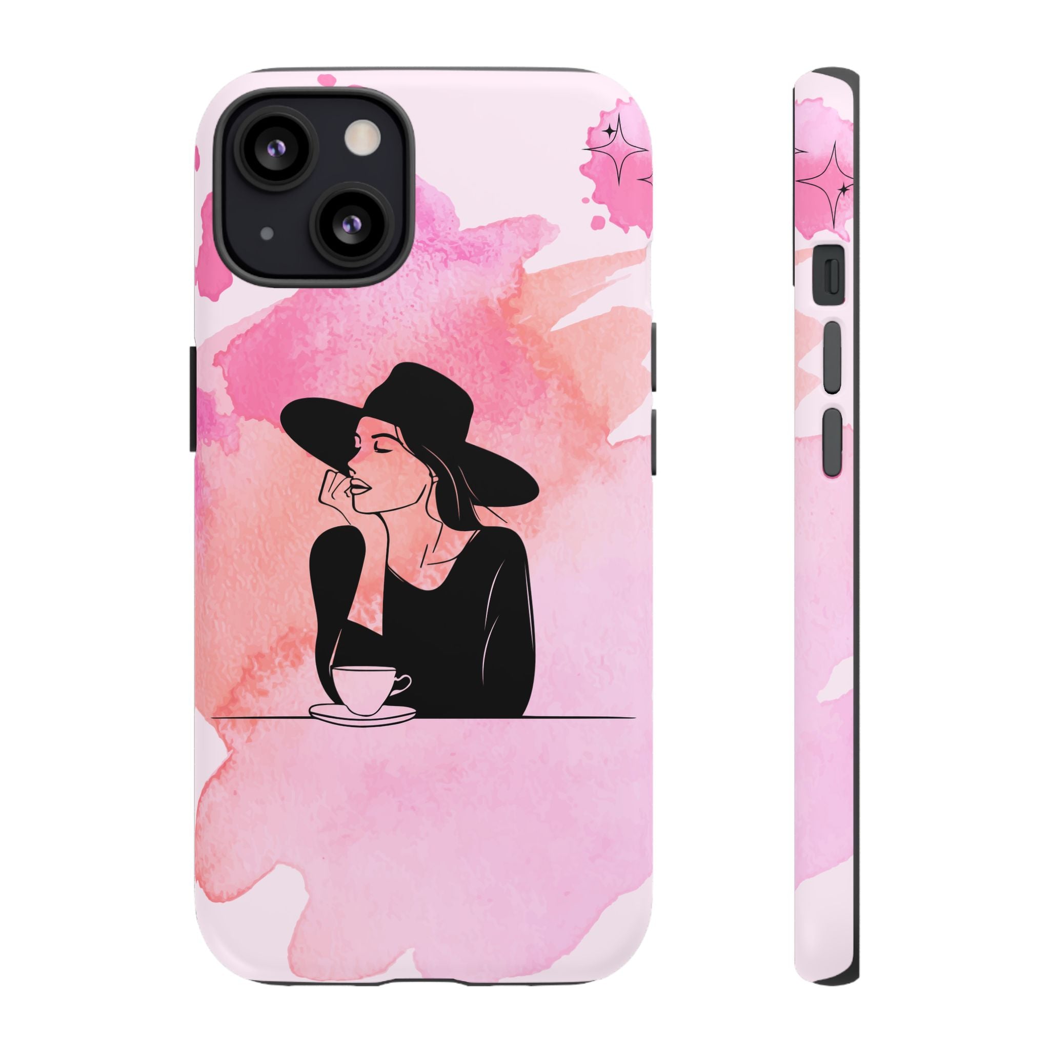 Coque de téléphone — Illustration de femme en aquarelle rose, housse de protection pour amateur de café